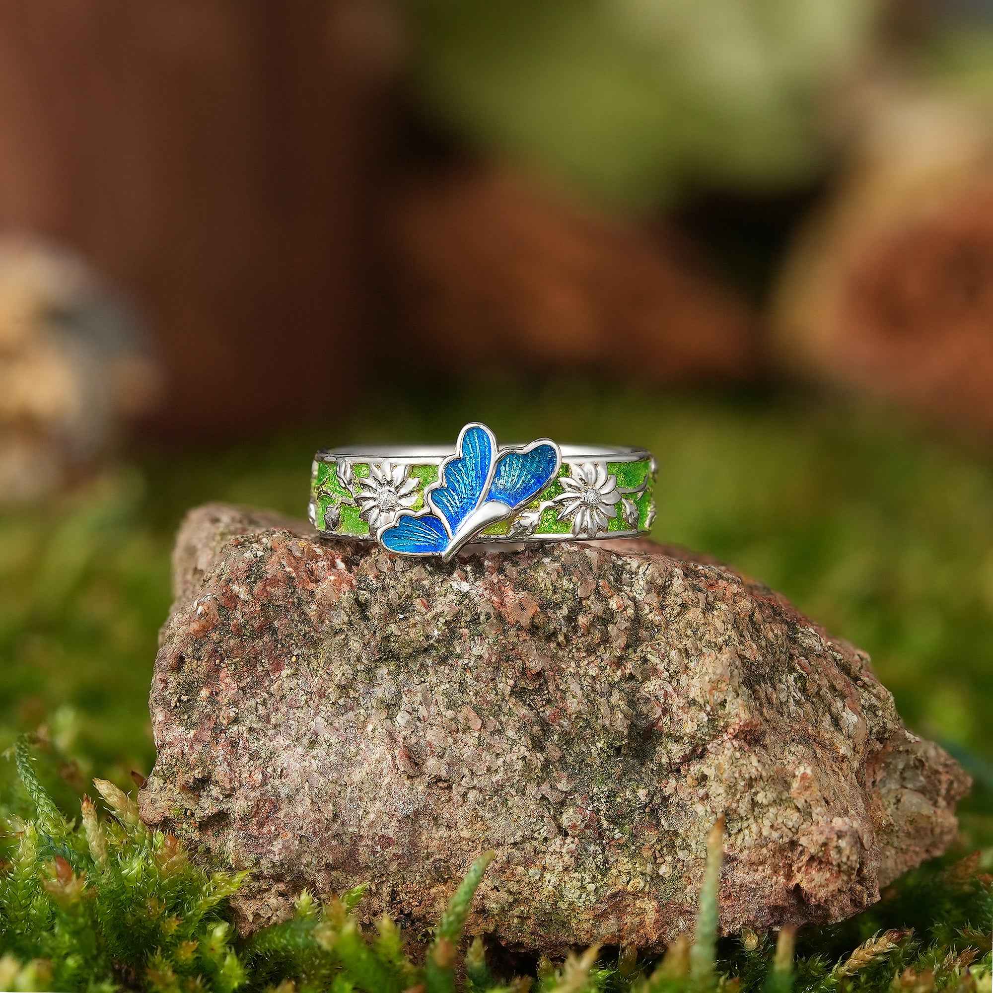 LCCjewelry | Unique Spring Blue Butterfly Enamel Wedding Band