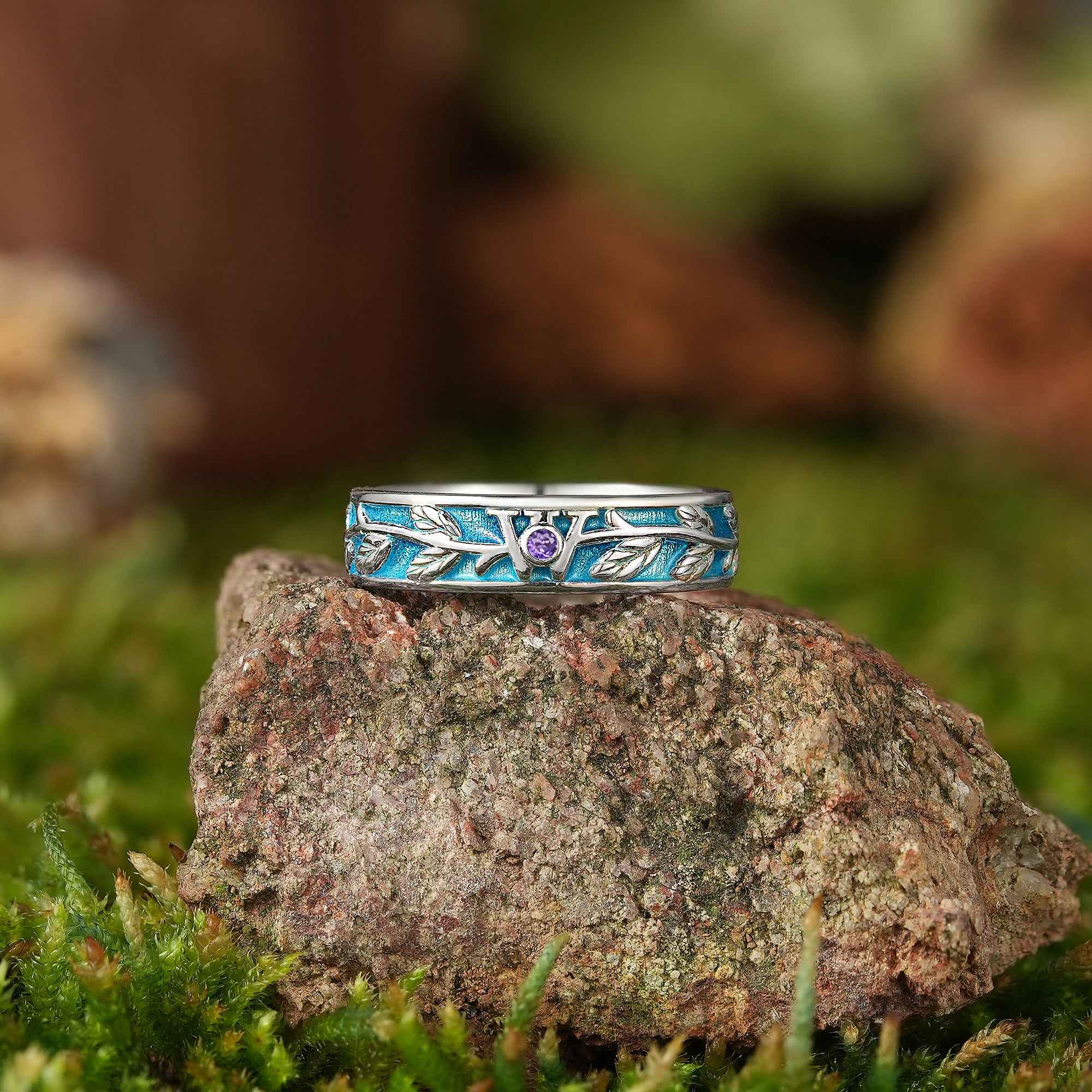 LCCjewelry | Leaf Design Peacock Blue Enamel Wedding Band