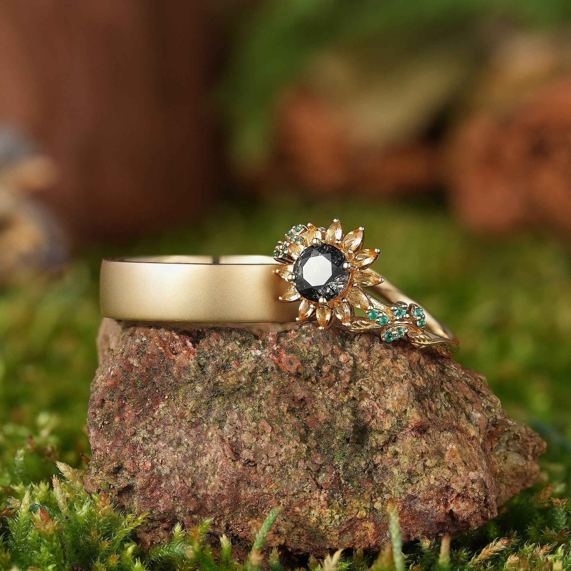 LCCjewelry | Sunflower Couple Ring & Gold Leaf Wedding Set