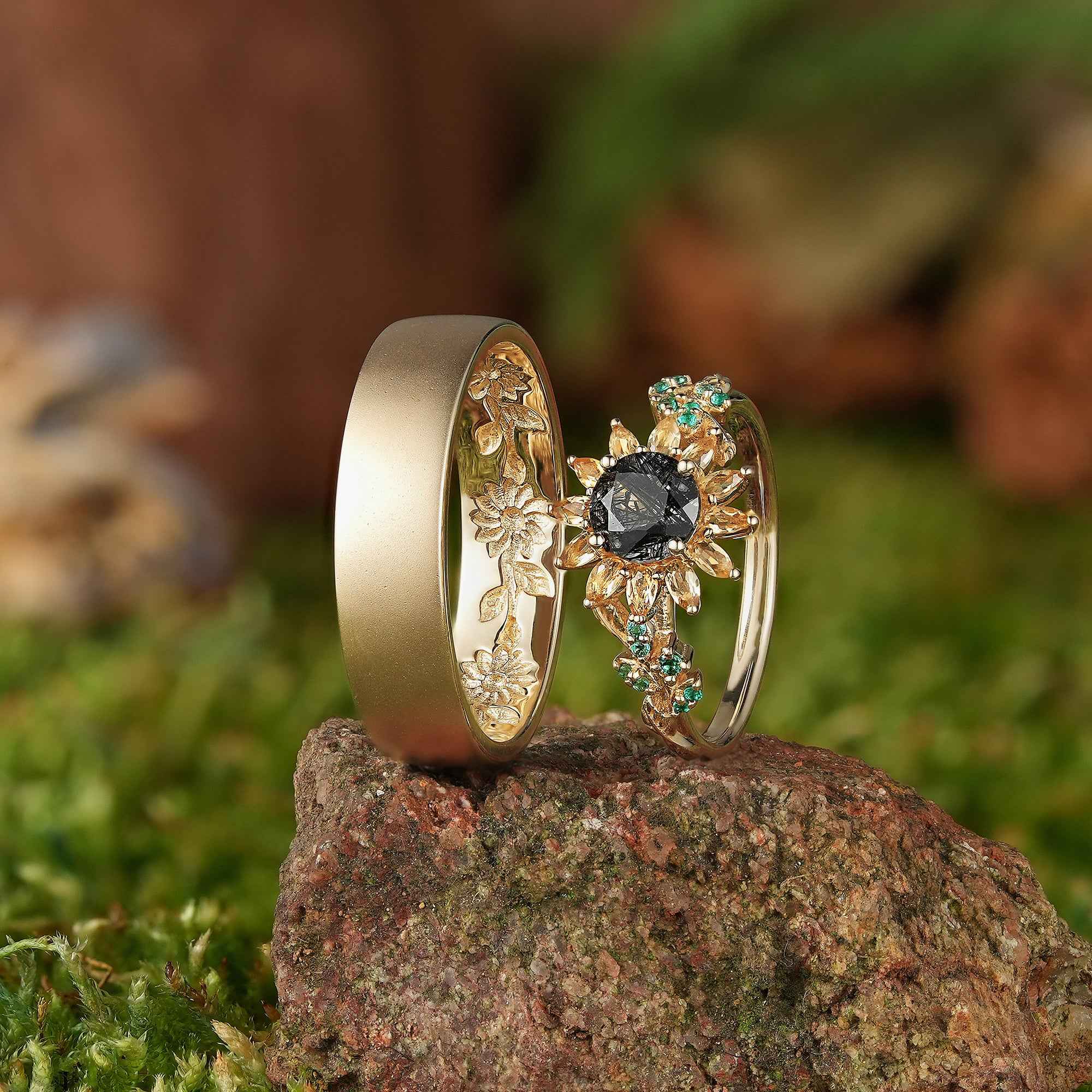 LCCjewelry | Sunflower Couple Ring & Gold Leaf Wedding Set