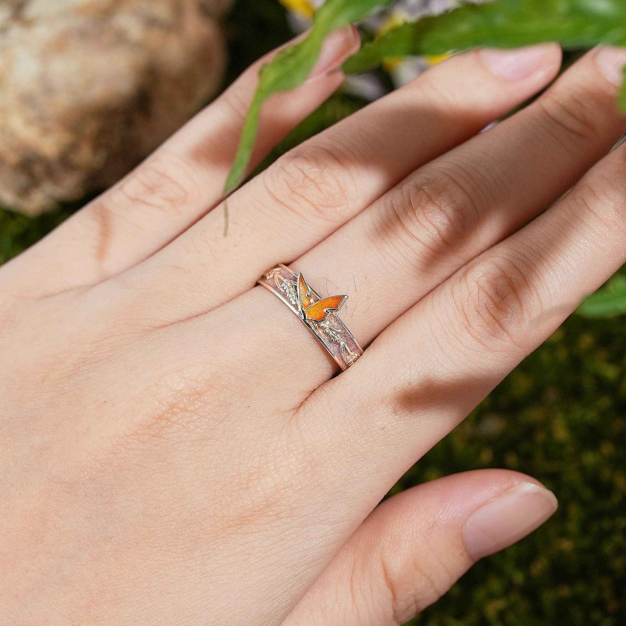 LCCjewelry | Unique Dead Leaf Butterfly Enamel Wedding Band