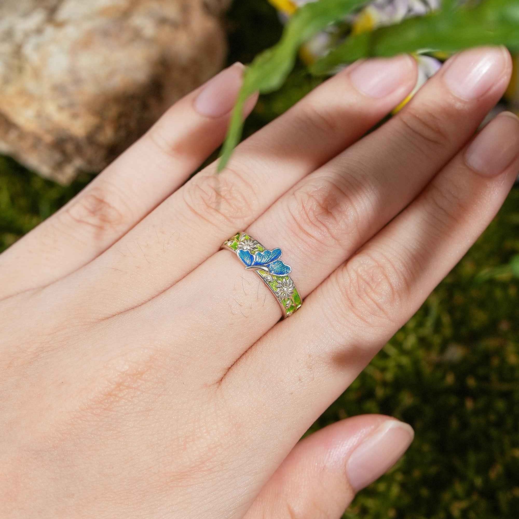 LCCjewelry | Unique Spring Blue Butterfly Enamel Wedding Band