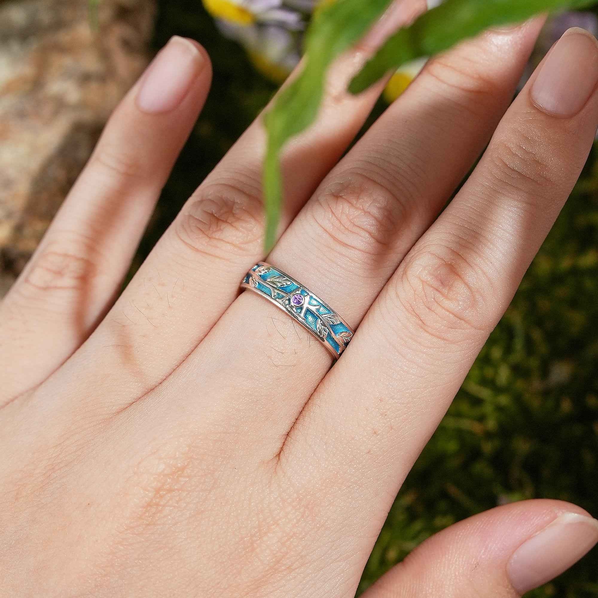 LCCjewelry | Leaf Design Peacock Blue Enamel Wedding Band