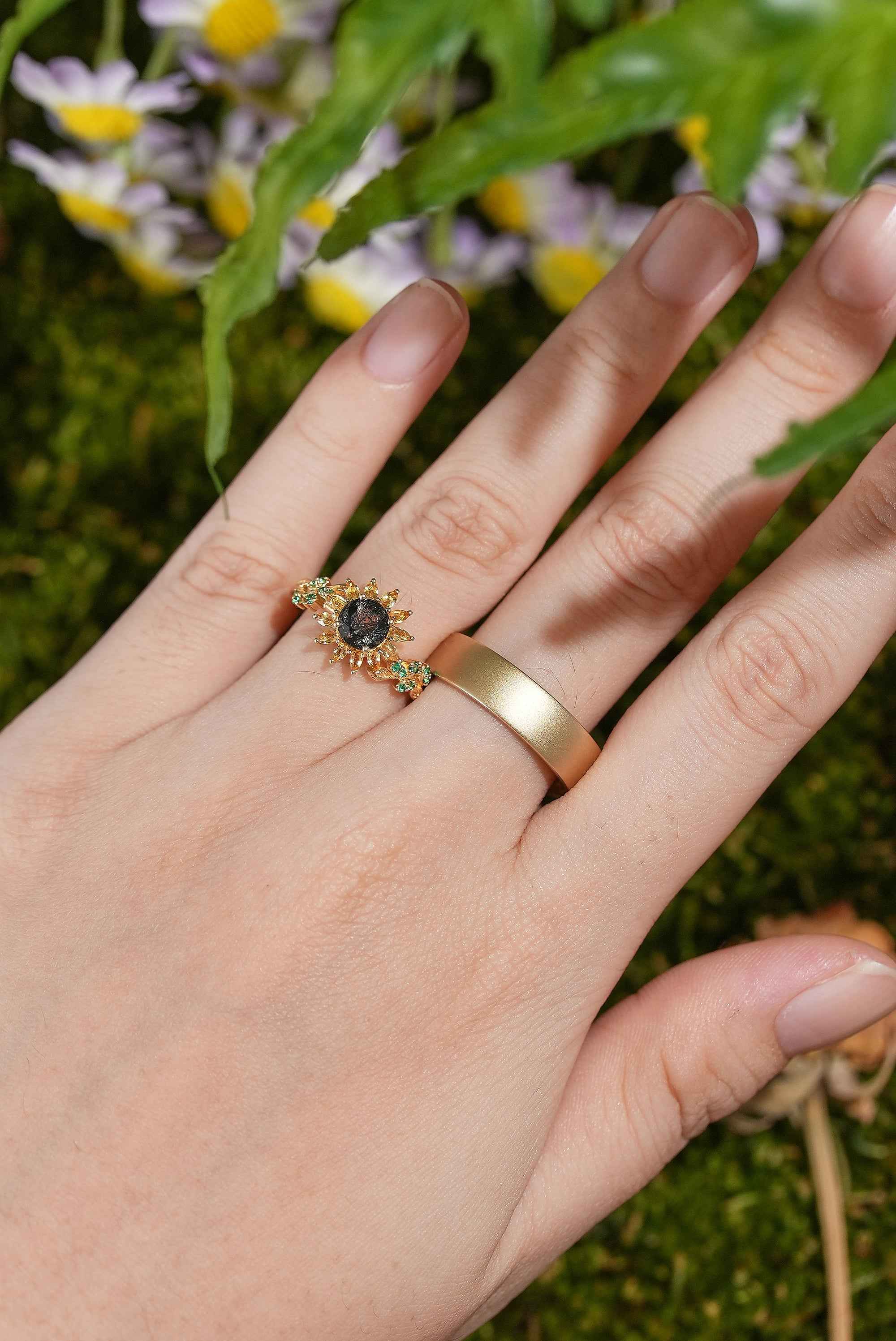 LCCjewelry | Sunflower Couple Ring & Gold Leaf Wedding Set
