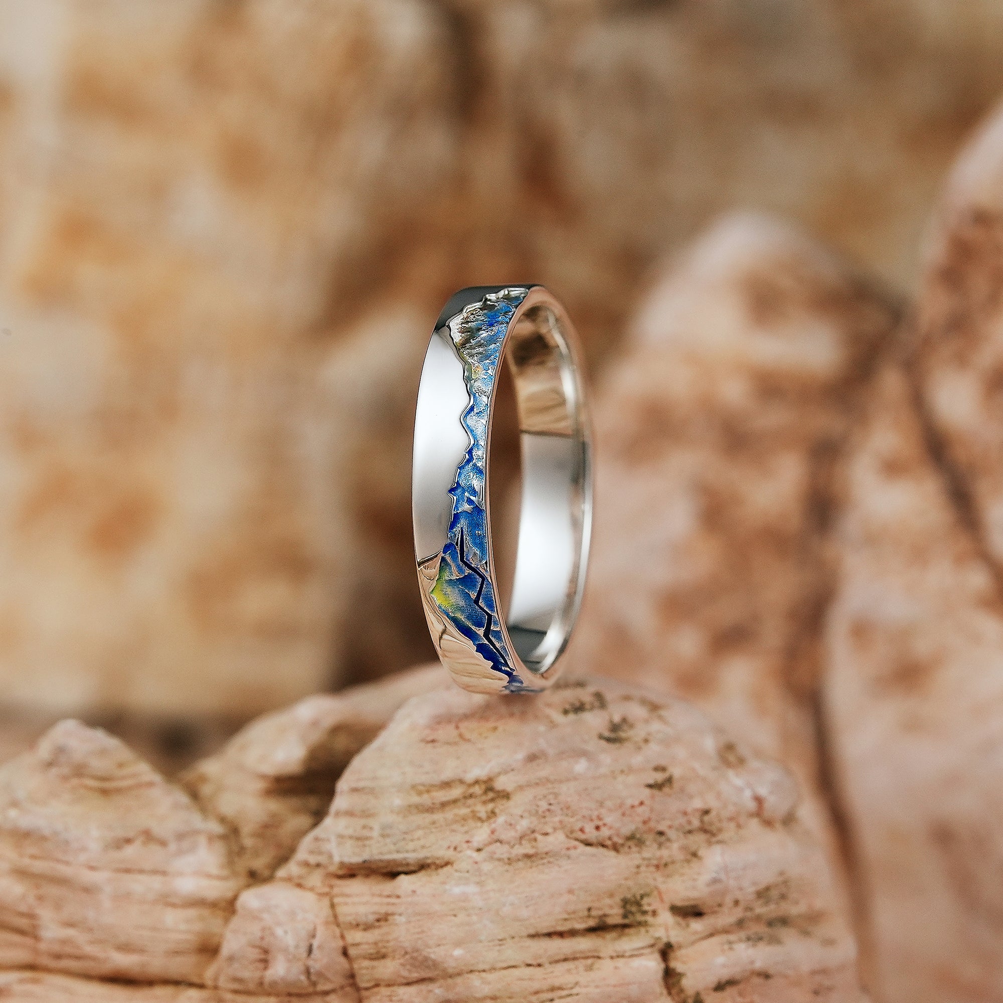 LCCjewelry | Unique Mountain Design Blue Enamel Wedding Band - LCCjewelry