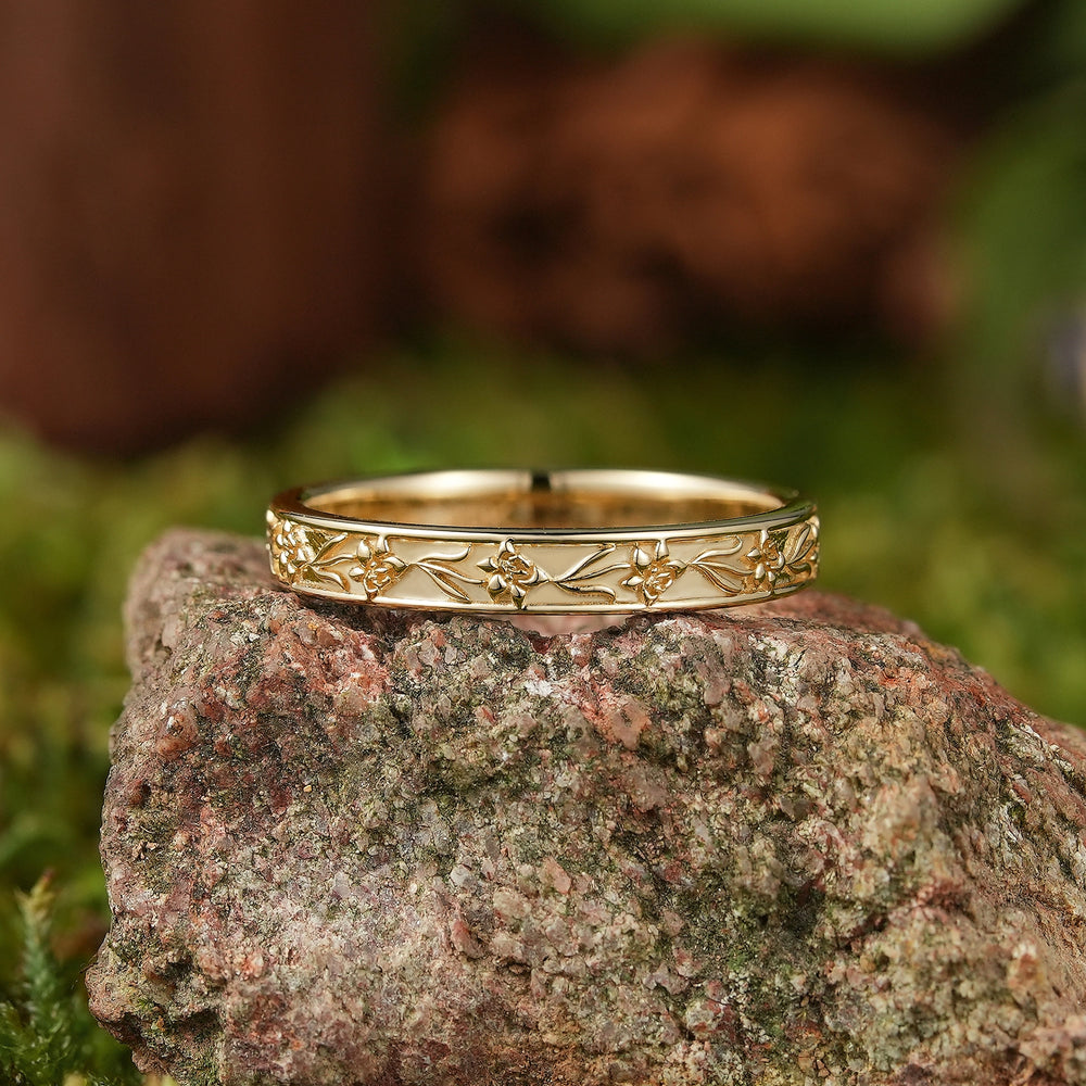 Floral Inspired | 3mm Poppy Design Wedding Band August Birth Flower