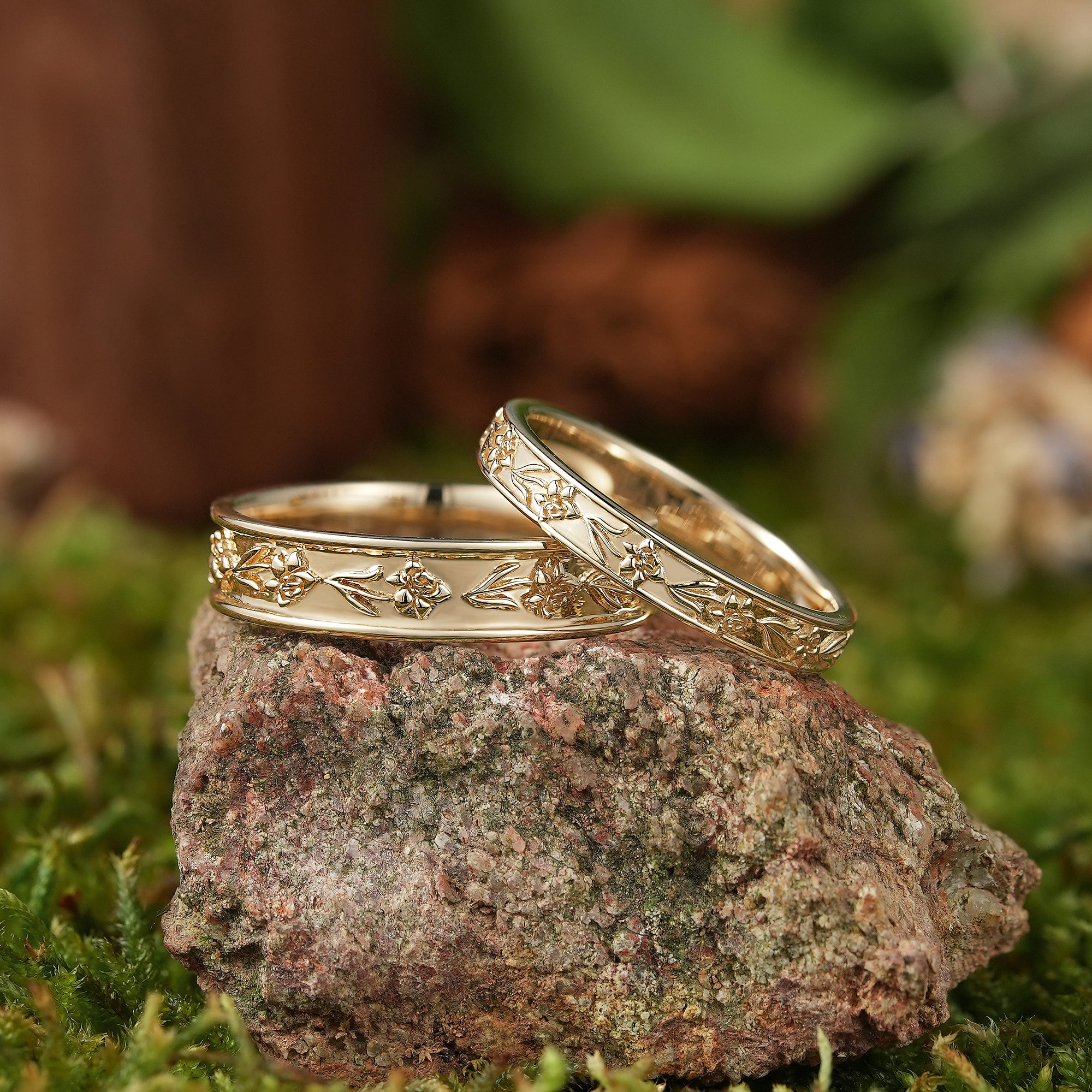 Floral Inspired | 2pcs Poppy Design Couple Wedding Band - LCCjewelry