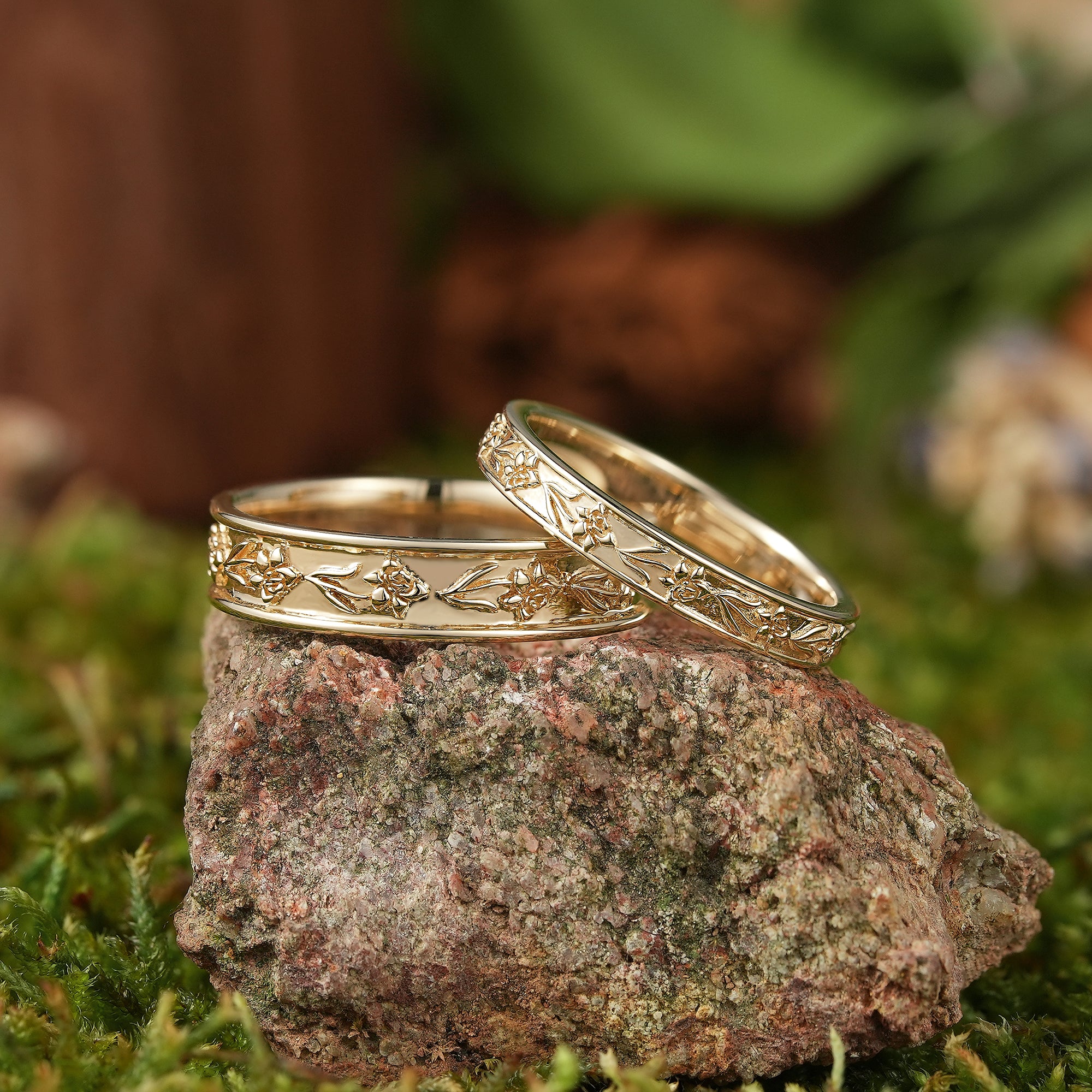 Floral Inspired | 2pcs Poppy Design Couple Wedding Band - LCCjewelry