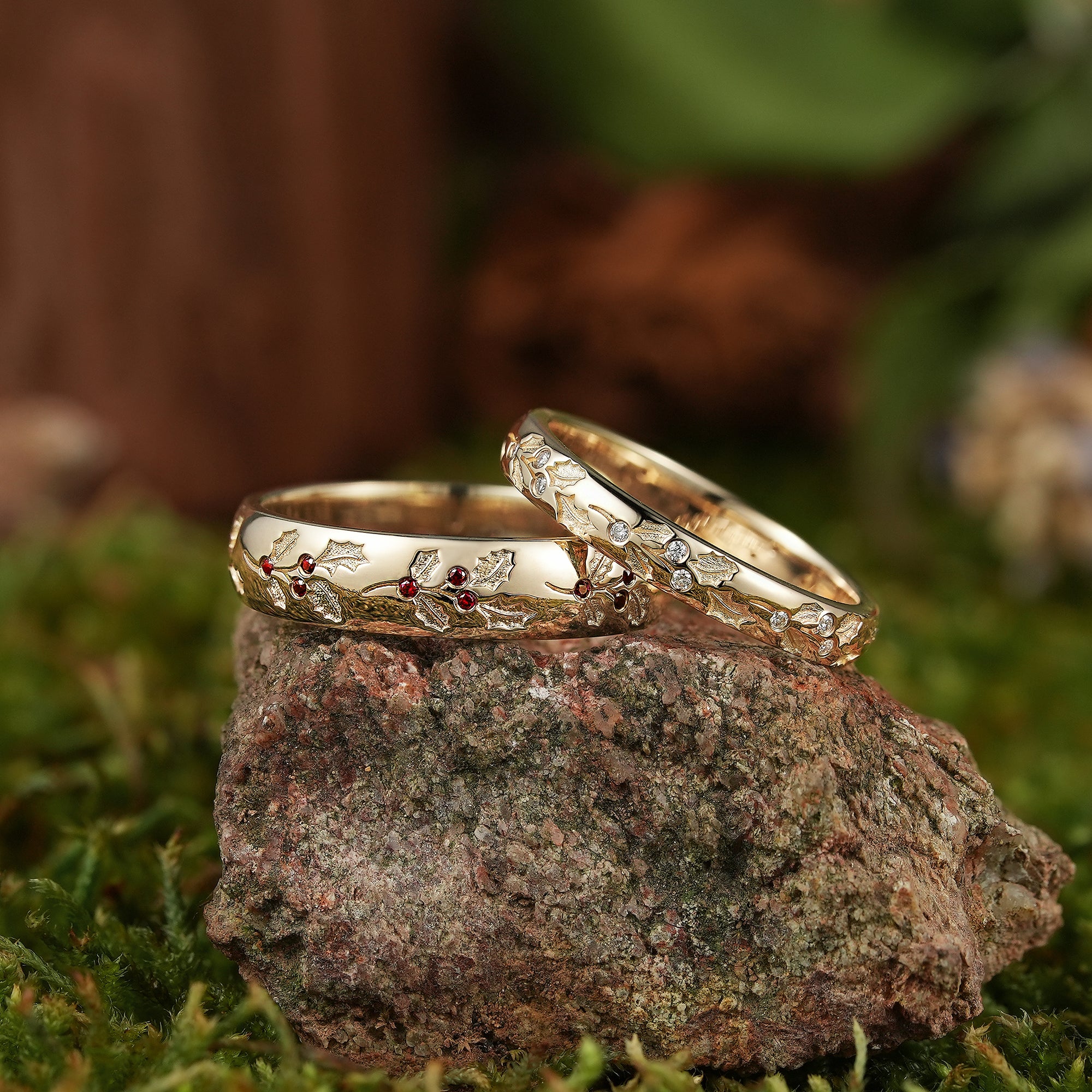 Holly Leaf Couple Rings Yellow Gold Wedding Band Set - LCCjewelry - LCCjewelry