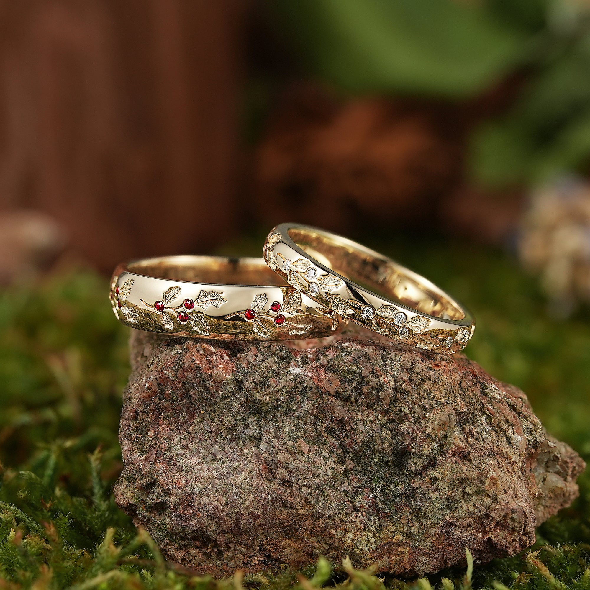 Holly Leaf Couple Rings Yellow Gold Wedding Band Set - LCCjewelry - LCCjewelry