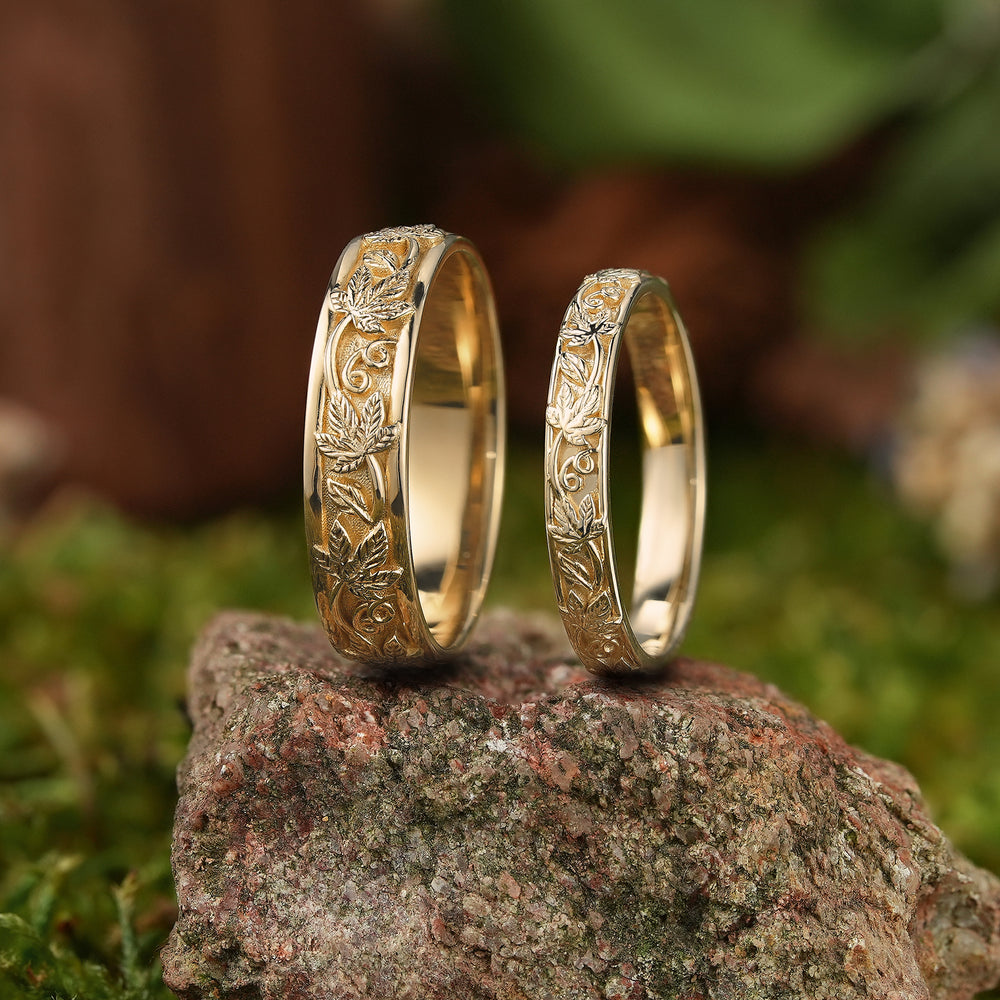 Leaf Inspired | 2pcs Couple Rings Grape Leaf Wedding Band Set