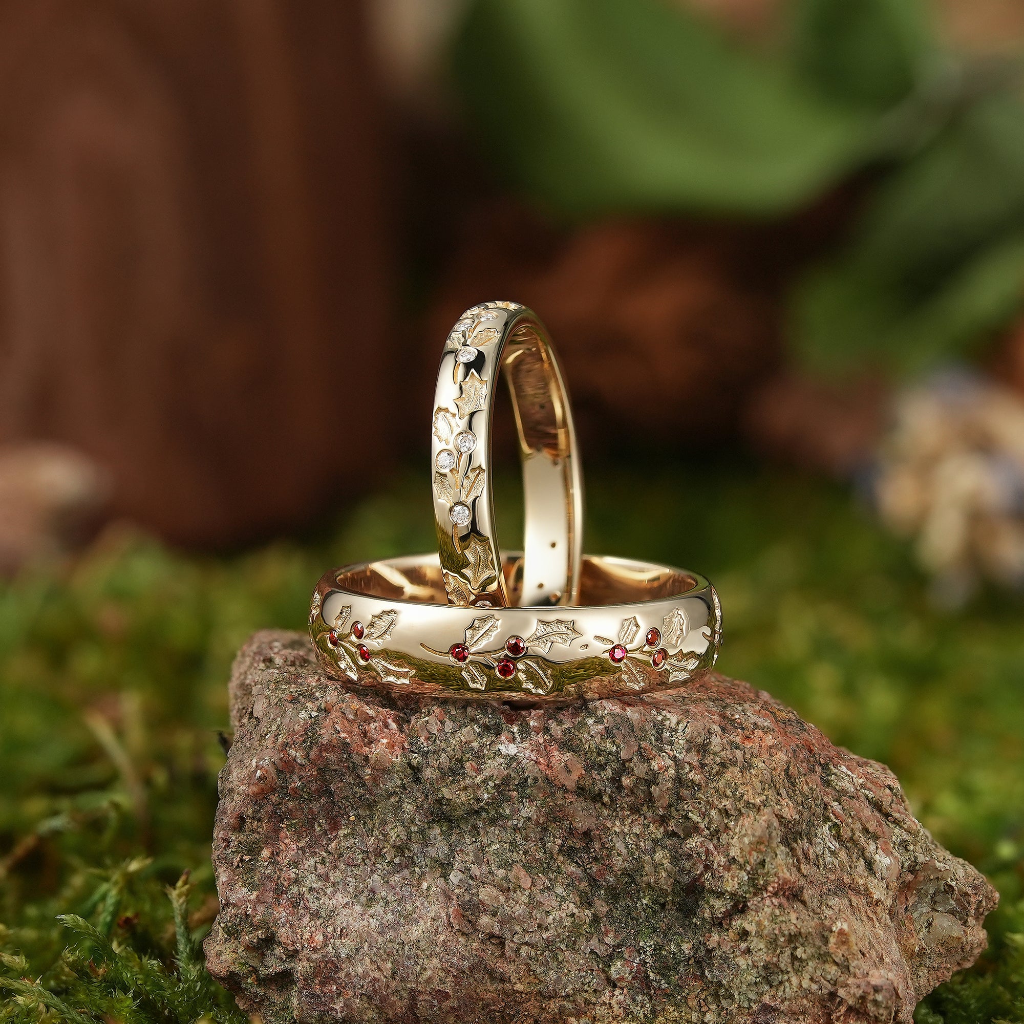 Holly Leaf Couple Rings Yellow Gold Wedding Band Set - LCCjewelry - LCCjewelry