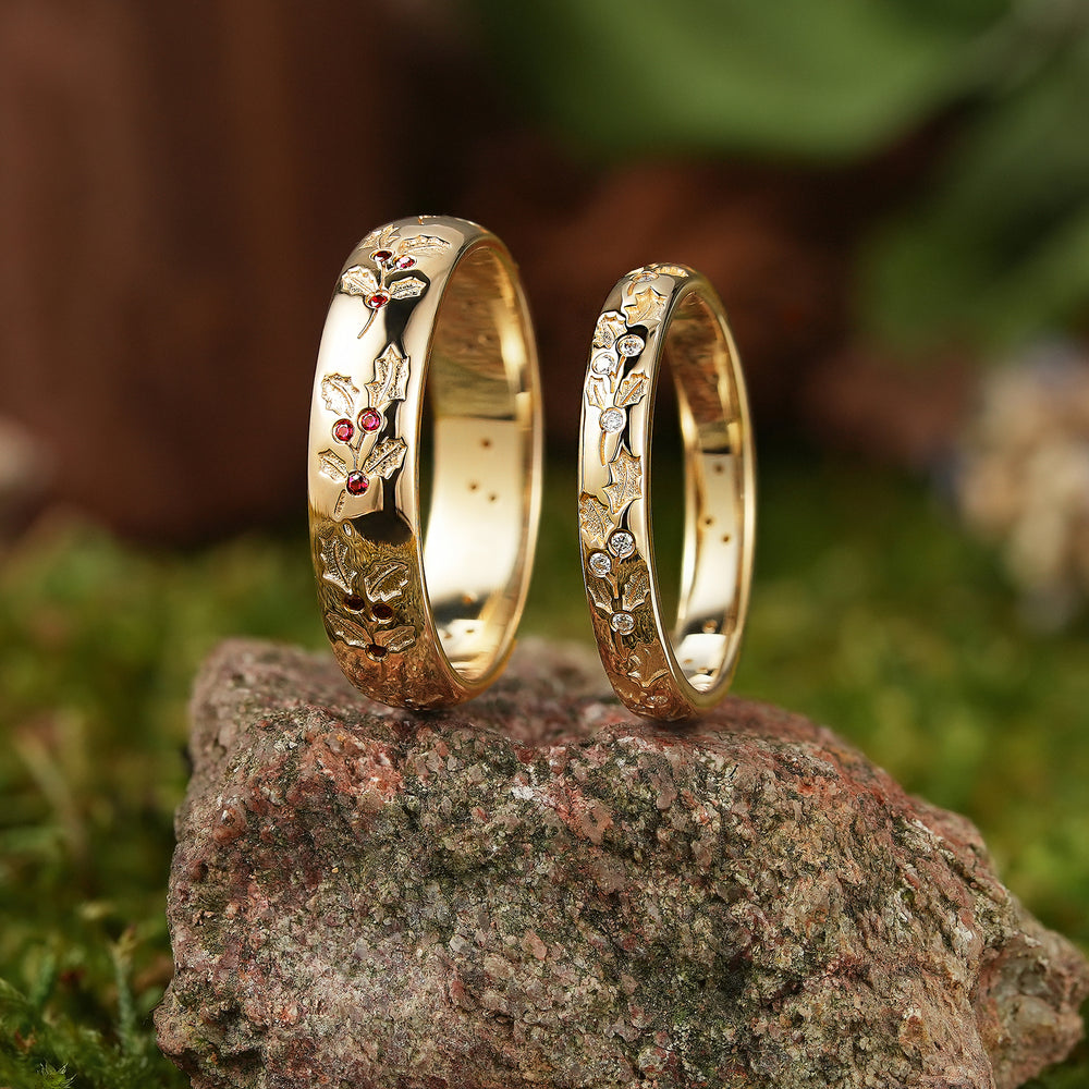 Leaf Inspired | Holly Leaf Couple Rings His and Her Wedding Band