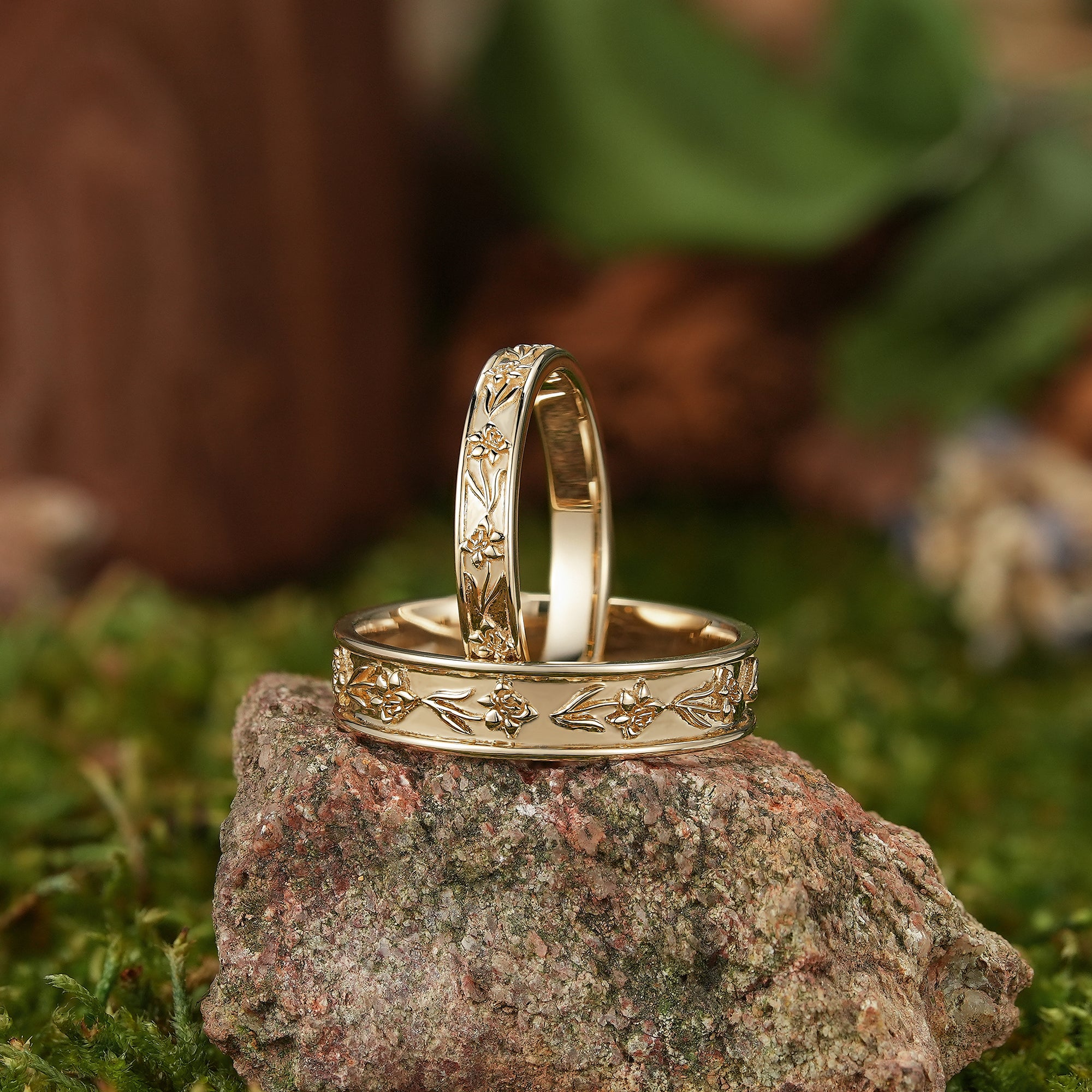 Floral Inspired | 2pcs Poppy Design Couple Wedding Band - LCCjewelry
