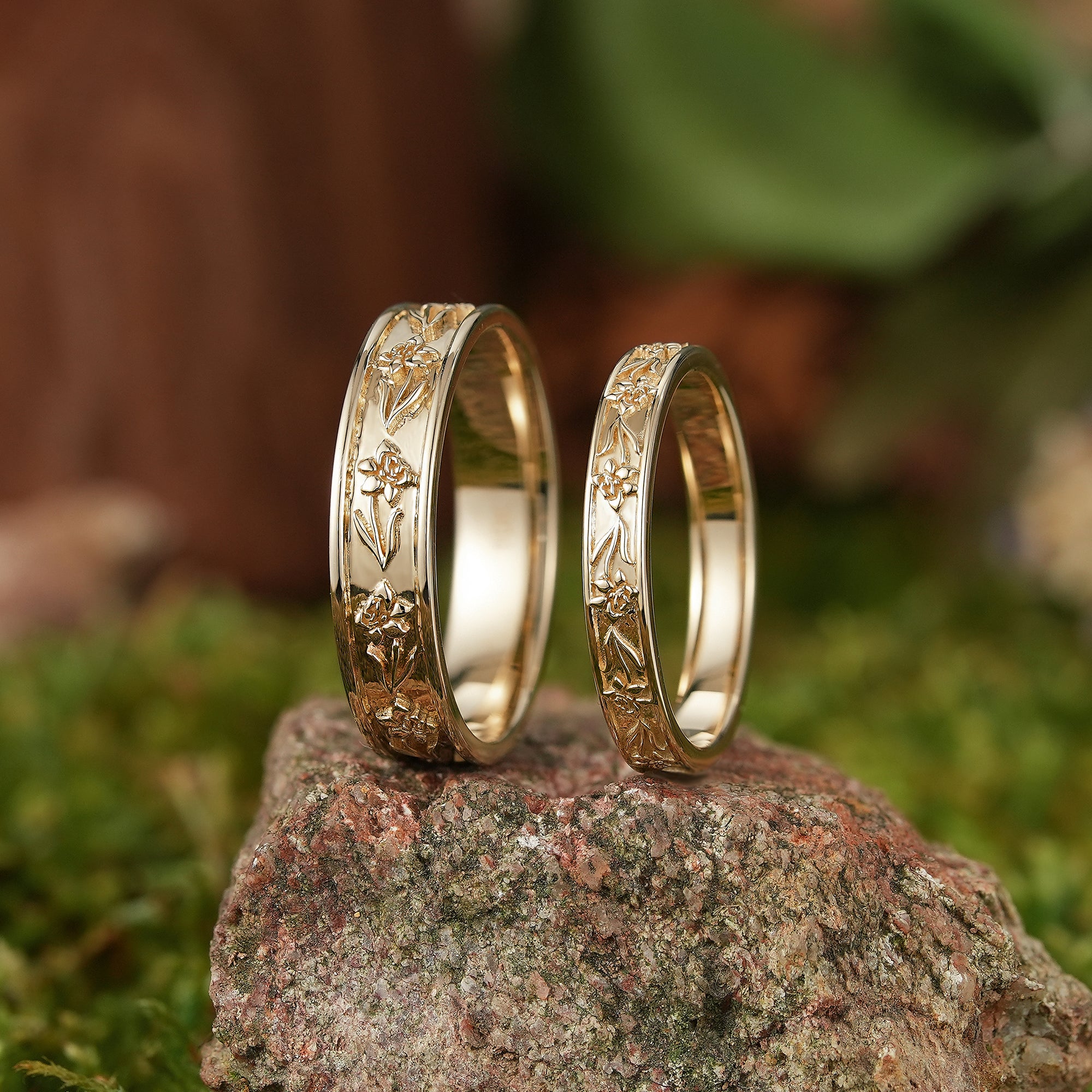 Floral Inspired | 2pcs Poppy Design Couple Wedding Band - LCCjewelry