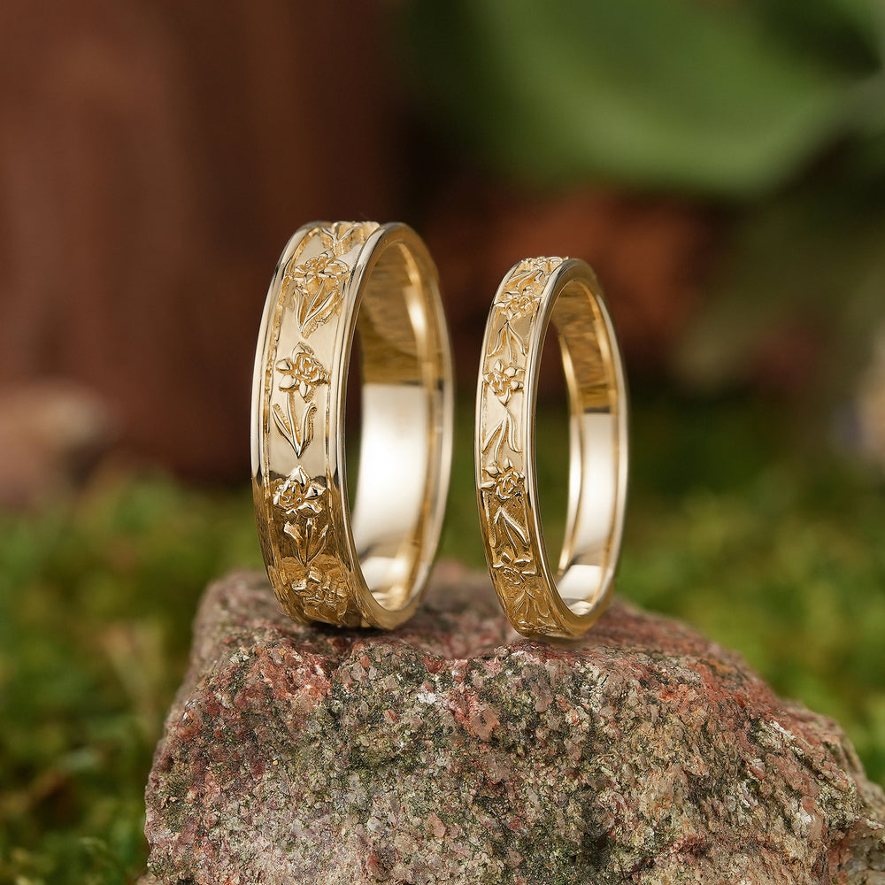 Floral Inspired | 2pcs Poppy Design Couple Wedding Band