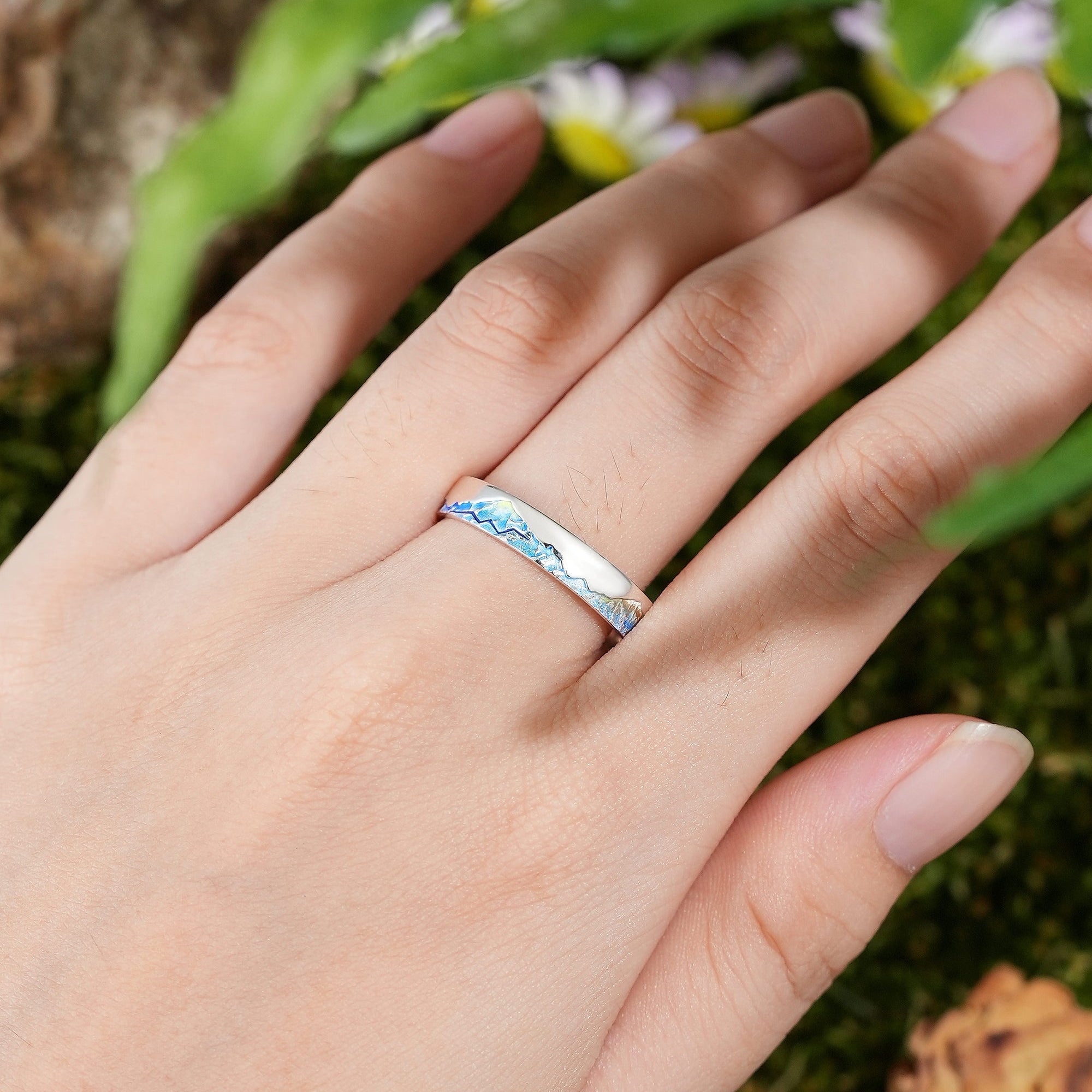 LCCjewelry | Unique Mountain Design Blue Enamel Wedding Band - LCCjewelry