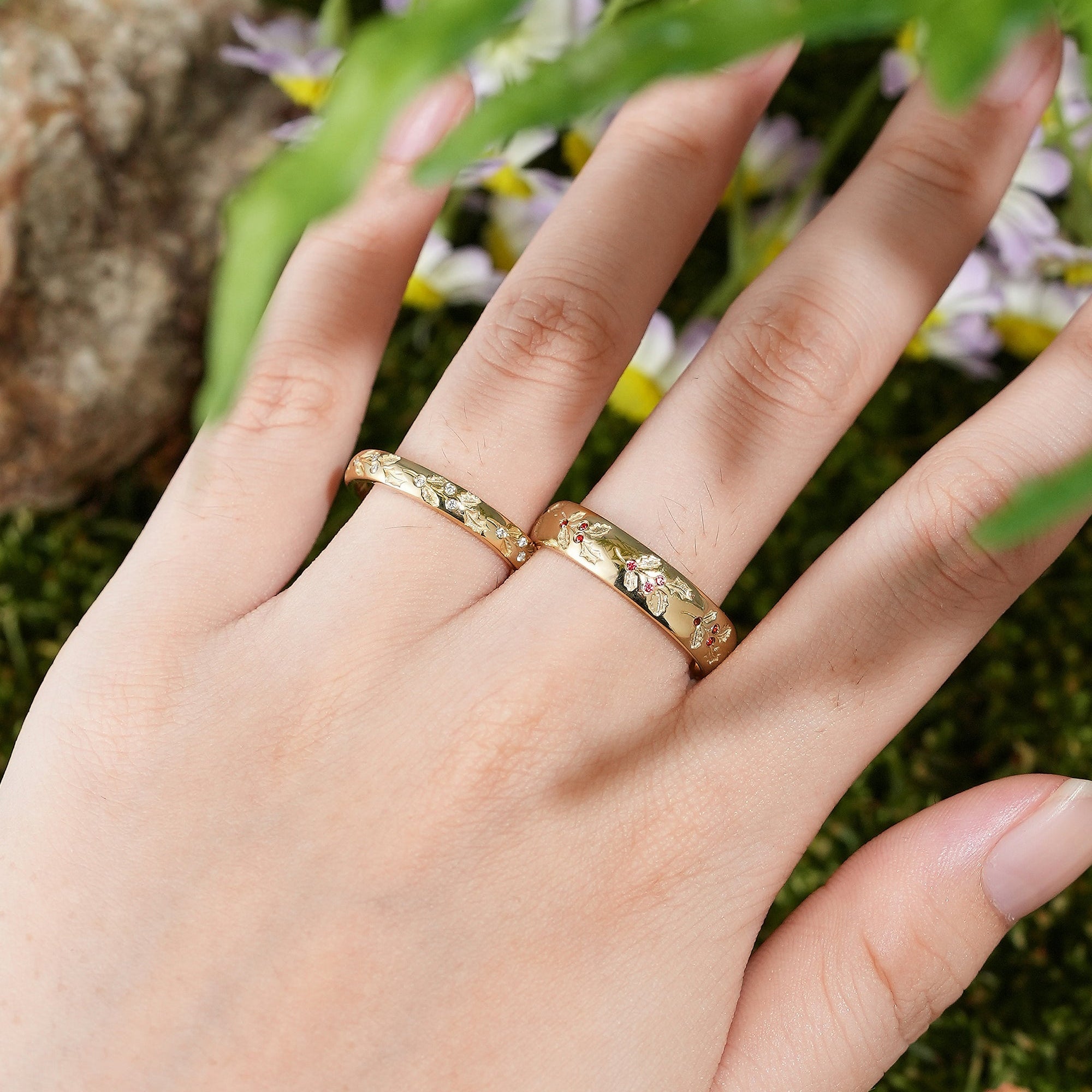 Holly Leaf Couple Rings Yellow Gold Wedding Band Set - LCCjewelry - LCCjewelry