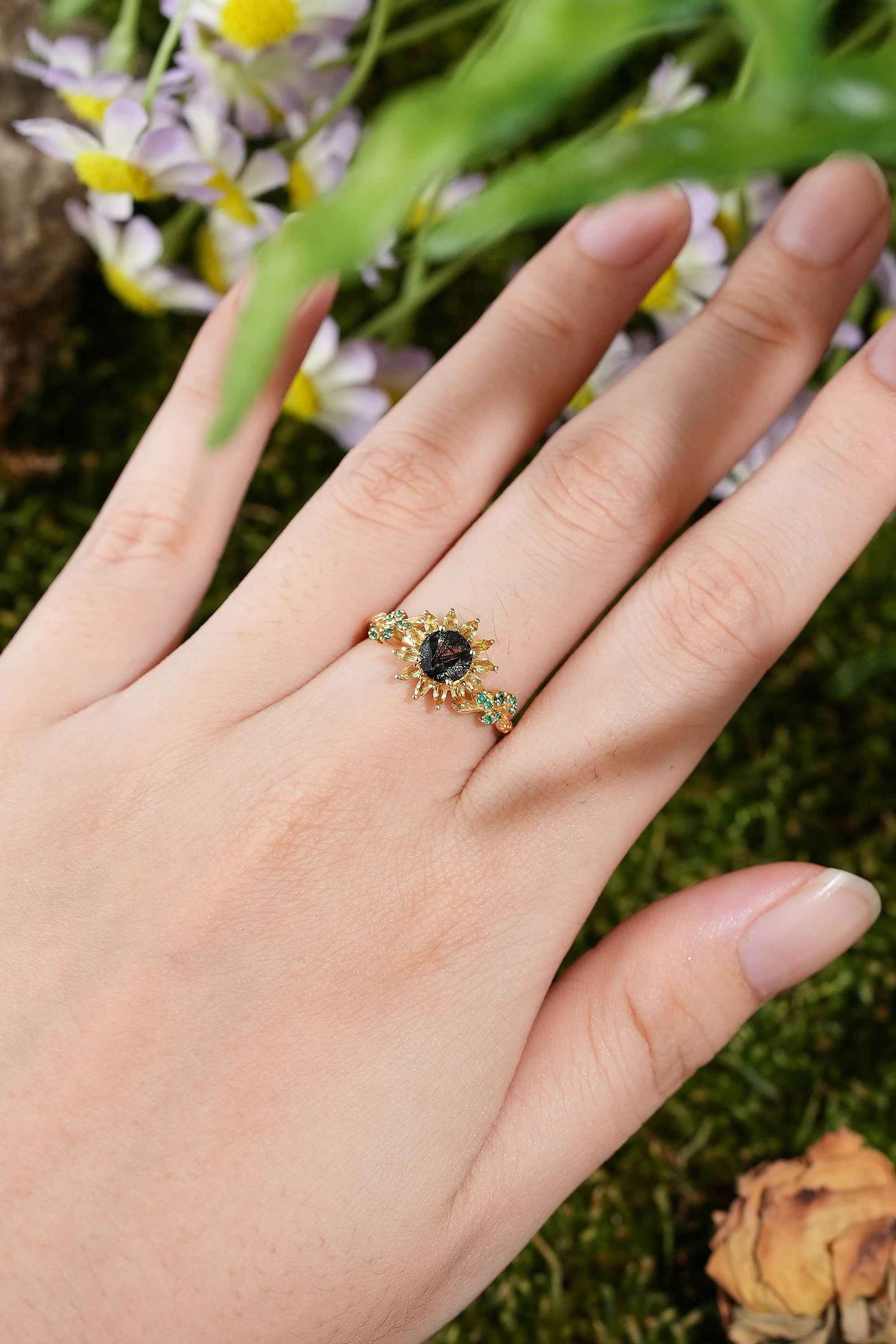 LCCjewelry | Black Rutilated Quartz Sunflower Engagement Ring
