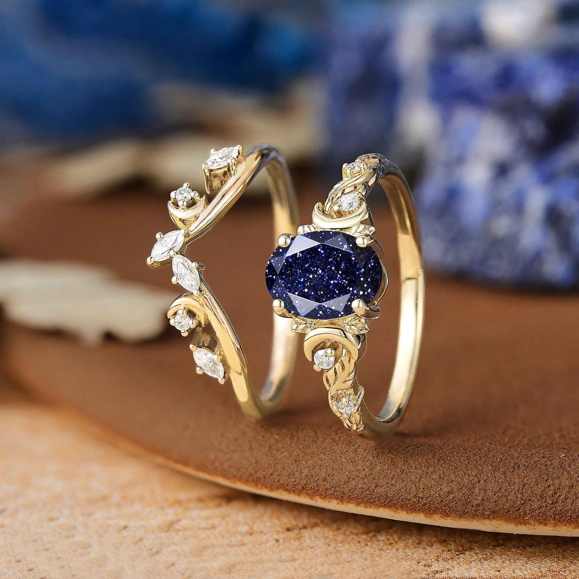 Moon Inspired | Sandstone Leaf & Moon Engagement Ring Set