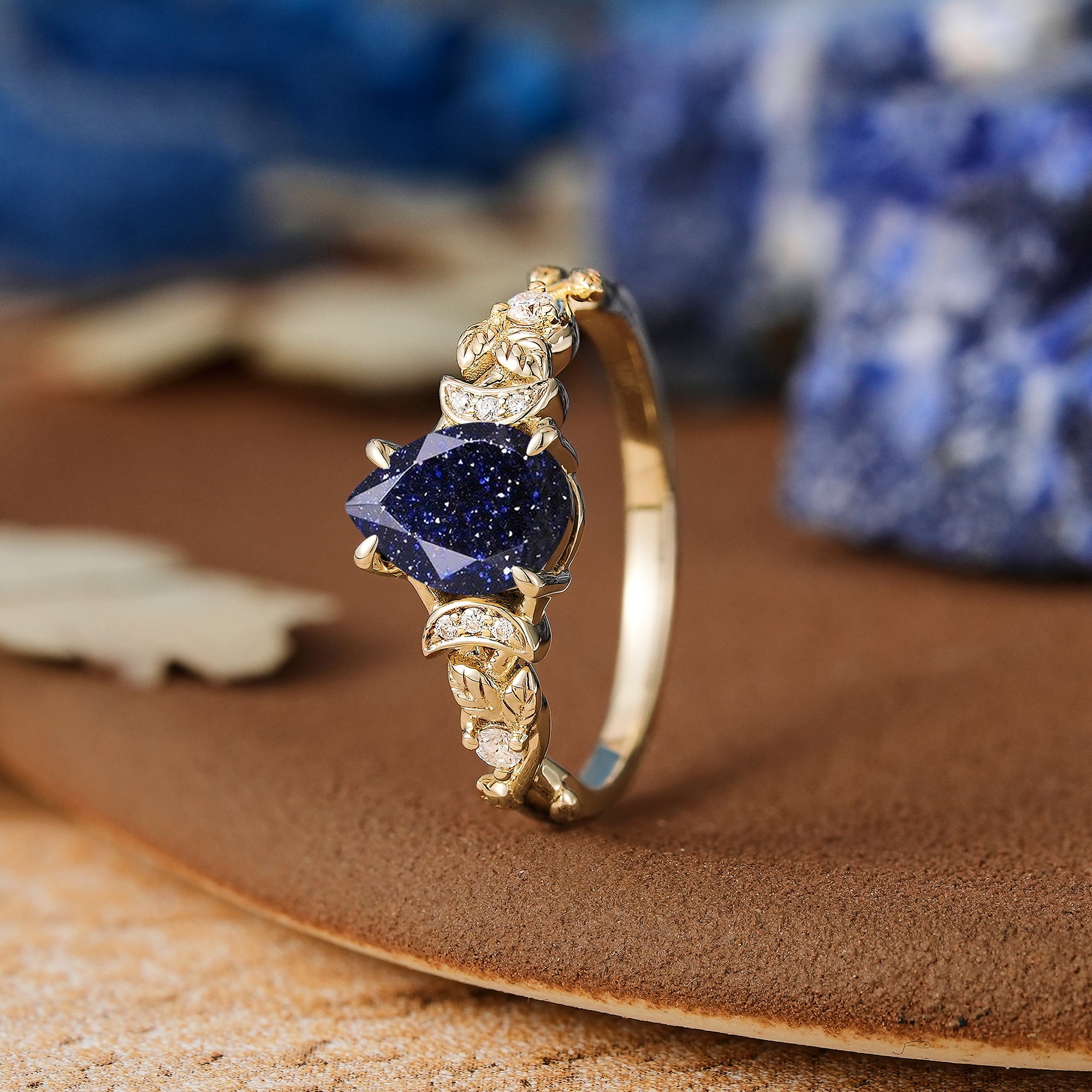 Unique Pear Cut Sandstone Leaf & Moon Design Engagement Ring - LCCjewelry