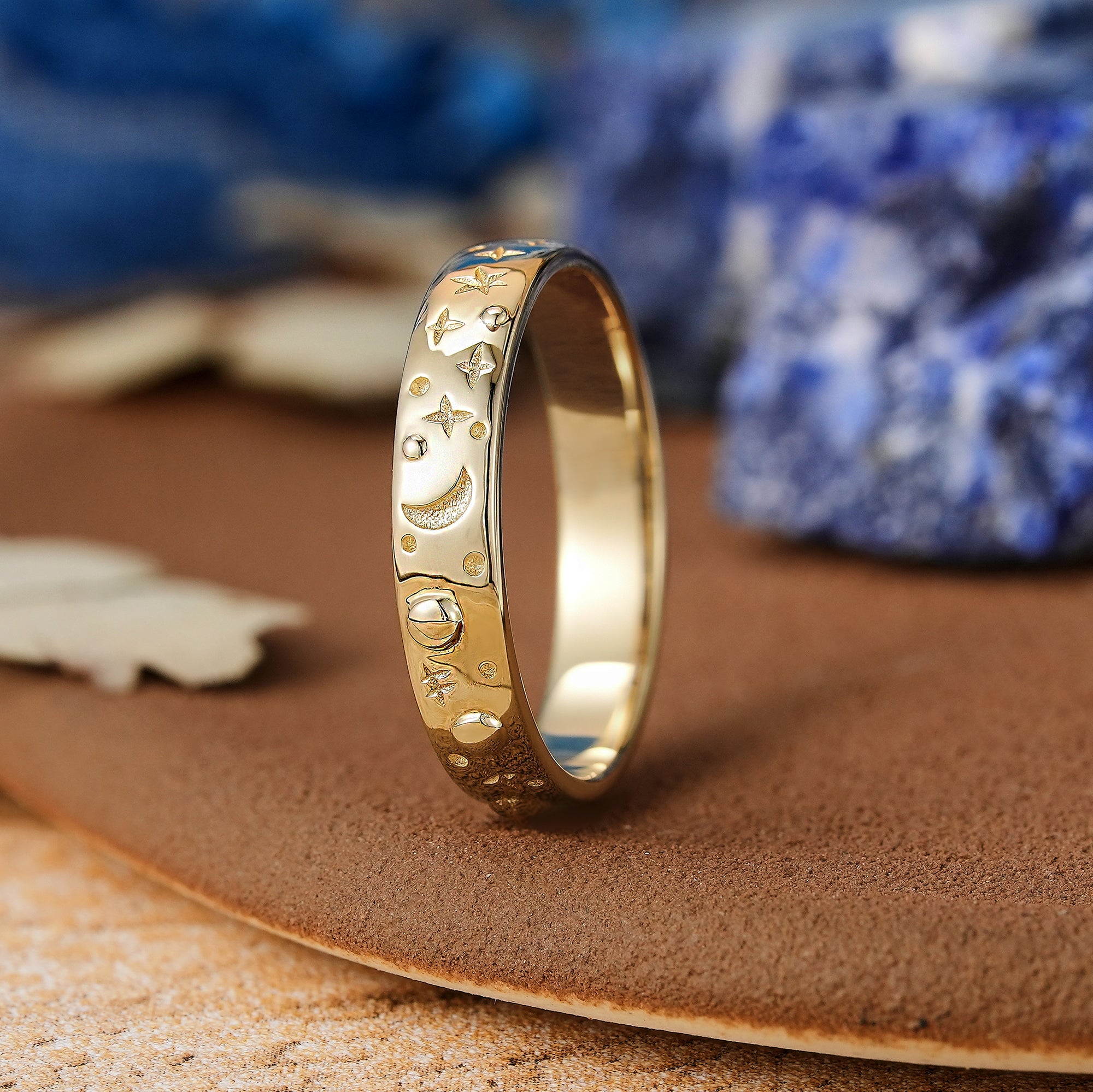 Romantic Celestial rings Star Design Yellow Gold Wedding Band - LCCjewelry