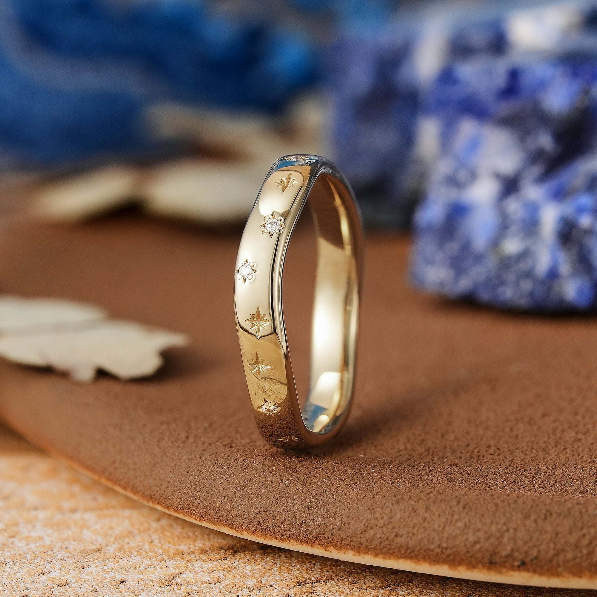 Delicate Yellow Gold Starburst Wedding Band with Moissanite - LCCjewelry