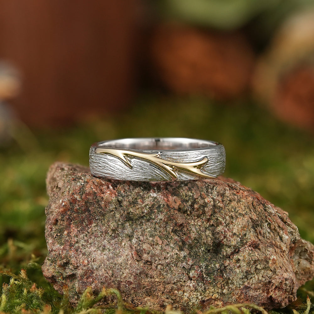 White Gold Rustic Wood Grain Wedding Band with Yellow Gold Vine Detail - LCCjewelry