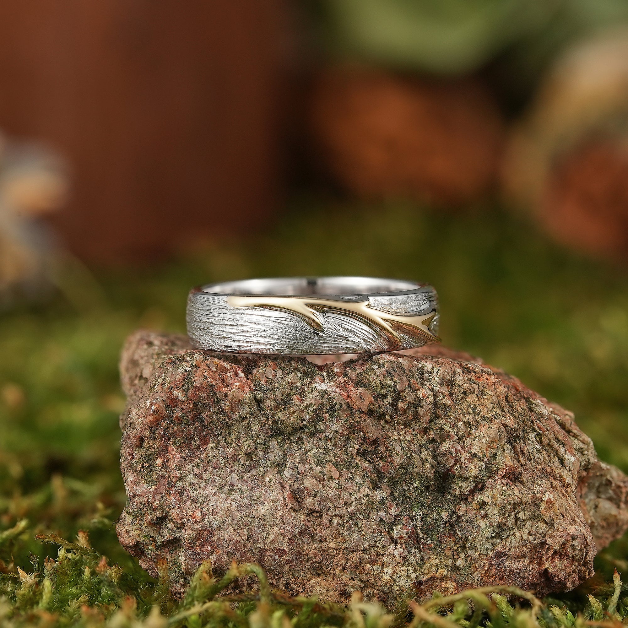 White Gold Rustic Wood Grain Wedding Band with Yellow Gold Vine Detail - LCCjewelry