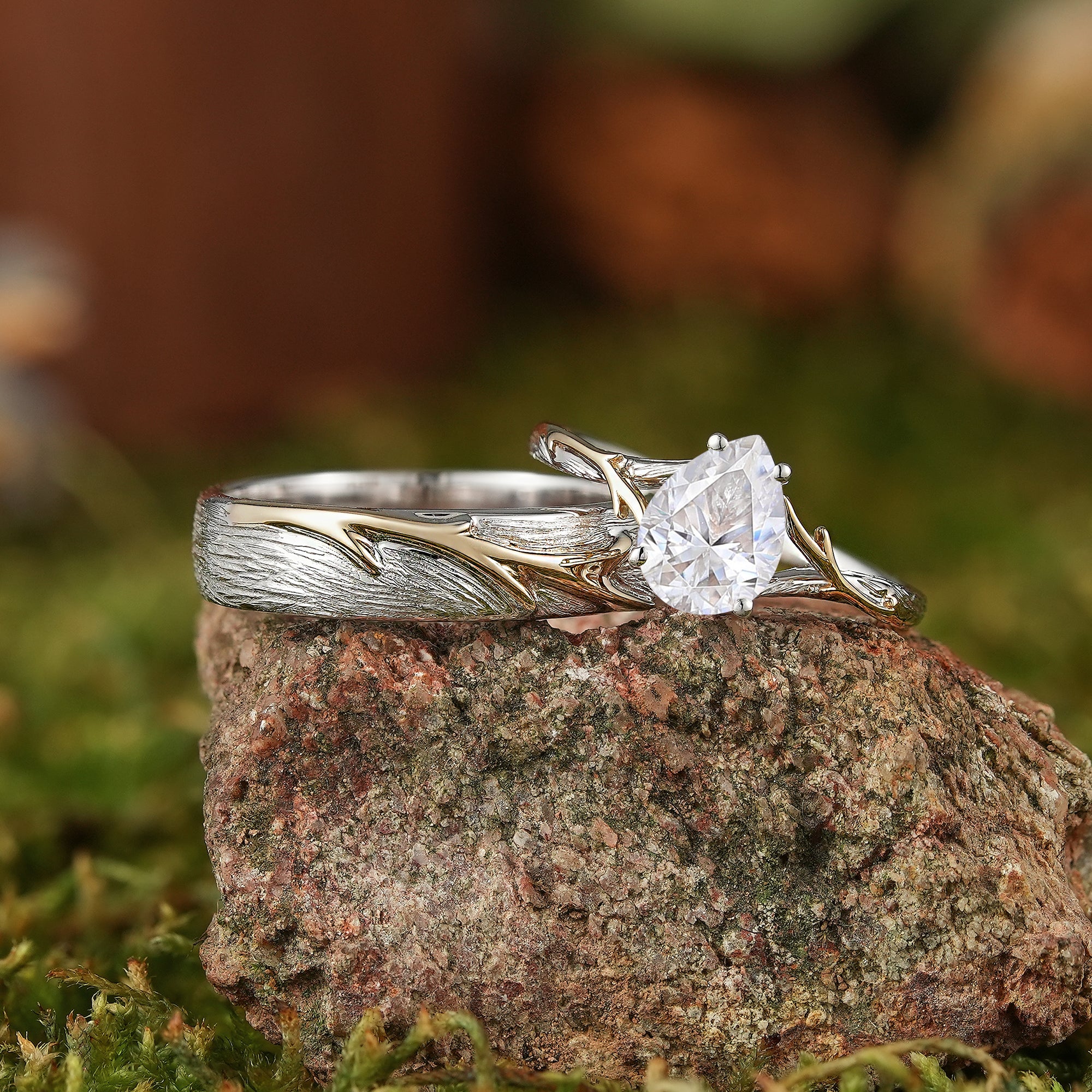 Unique Forest Wedding Ring Set - Yellow Gold Vine on White Gold Bark - LCCjewelry