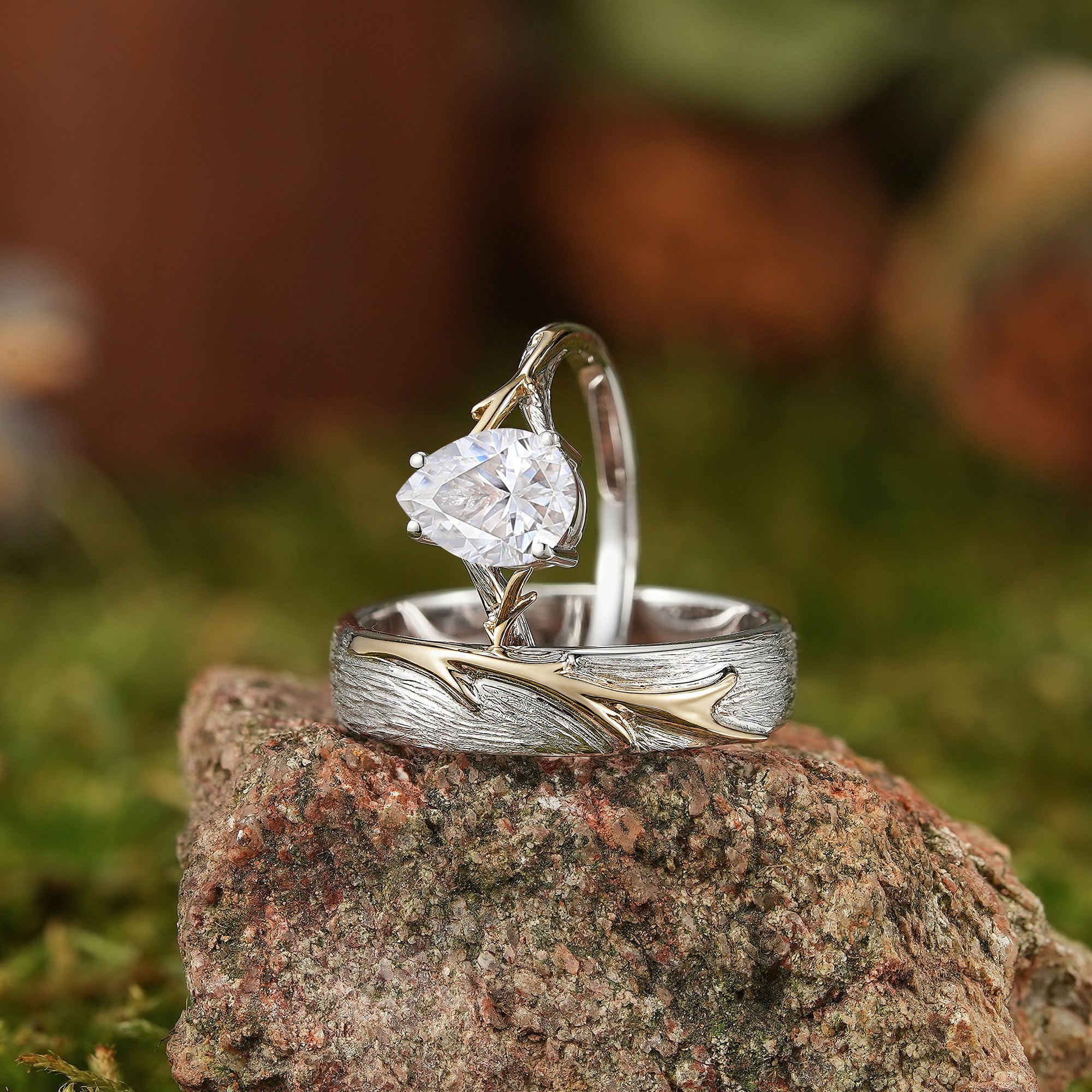 Unique Forest Wedding Ring Set - Yellow Gold Vine on White Gold Bark - LCCjewelry