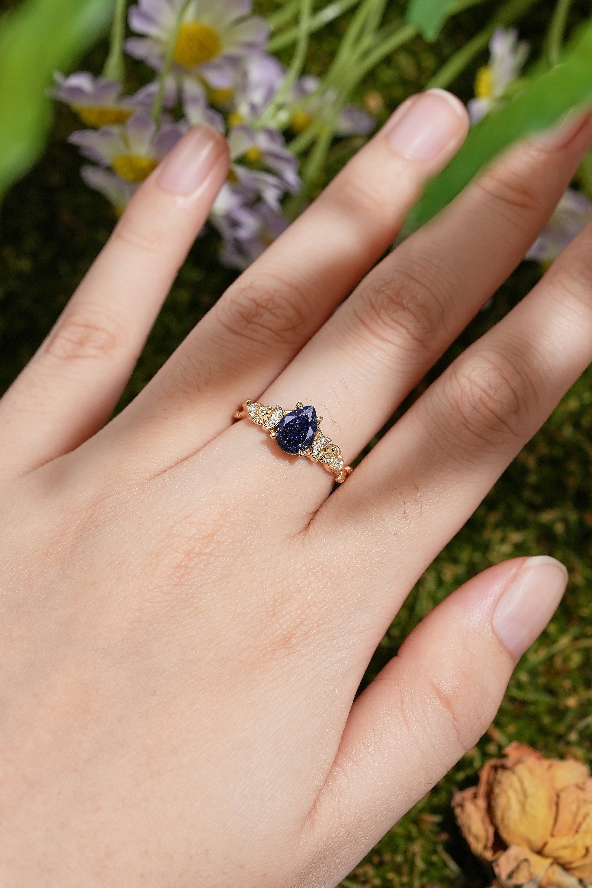 Unique Pear Cut Sandstone Leaf & Moon Design Engagement Ring - LCCjewelry