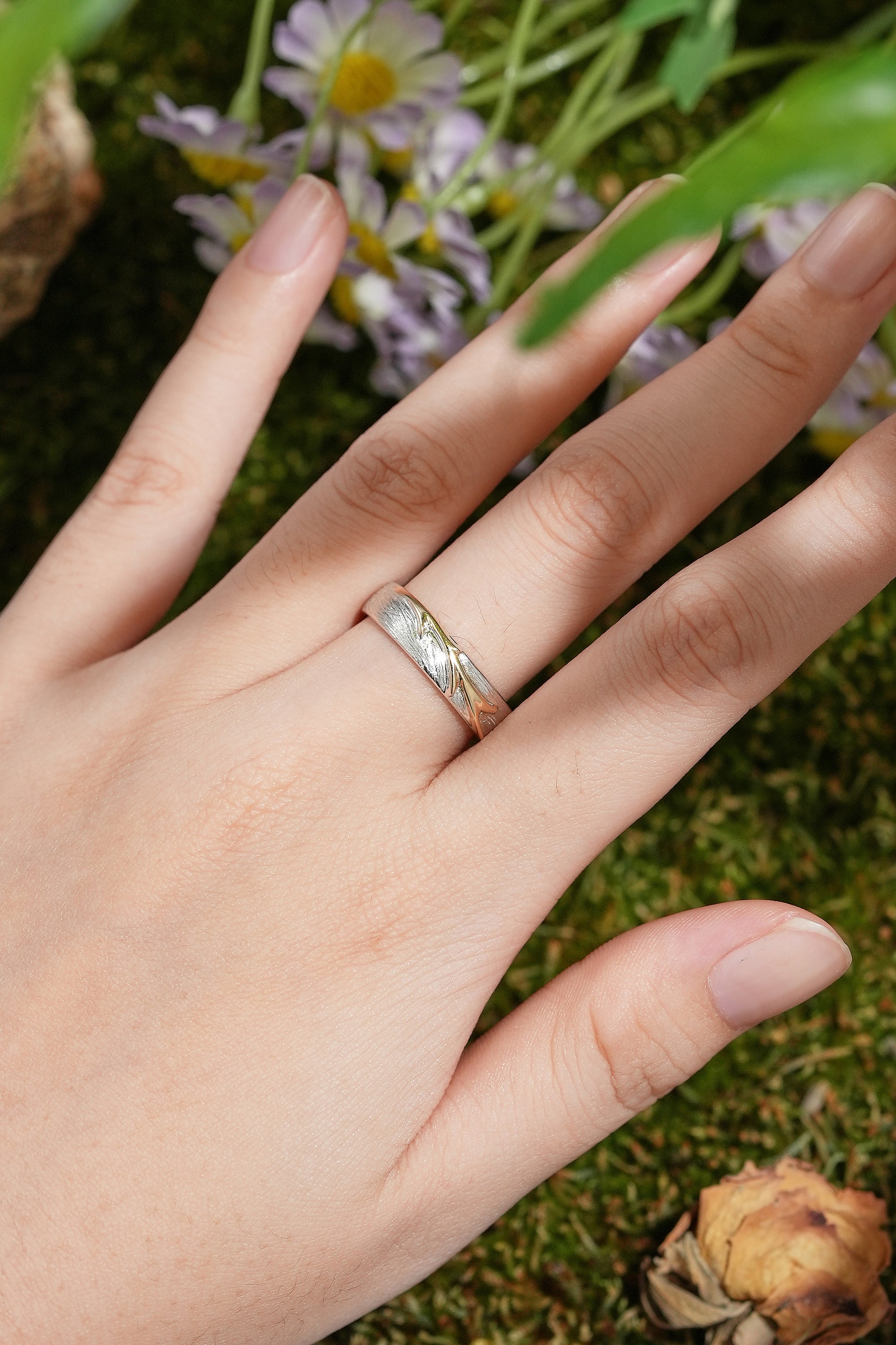 White Gold Rustic Wood Grain Wedding Band with Yellow Gold Vine Detail - LCCjewelry