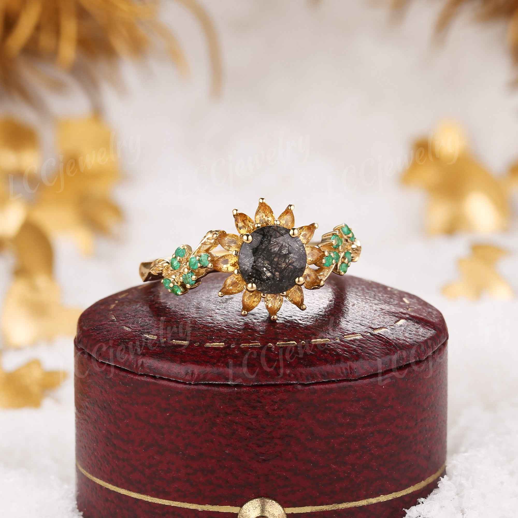 LCCjewelry | Black Rutilated Quartz Sunflower Engagement Ring