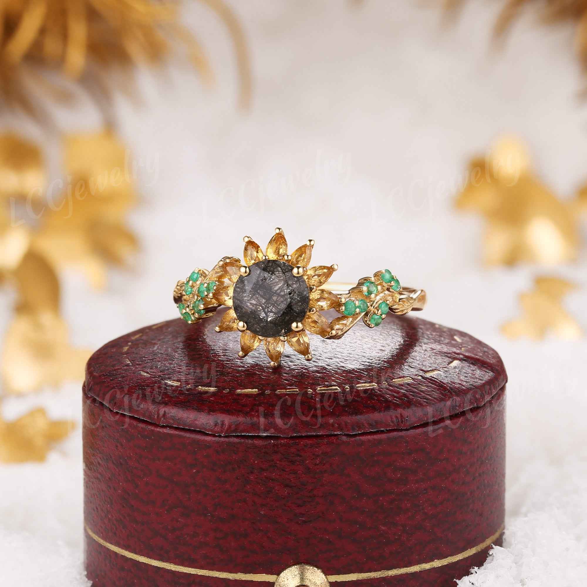LCCjewelry | Black Rutilated Quartz Sunflower Engagement Ring
