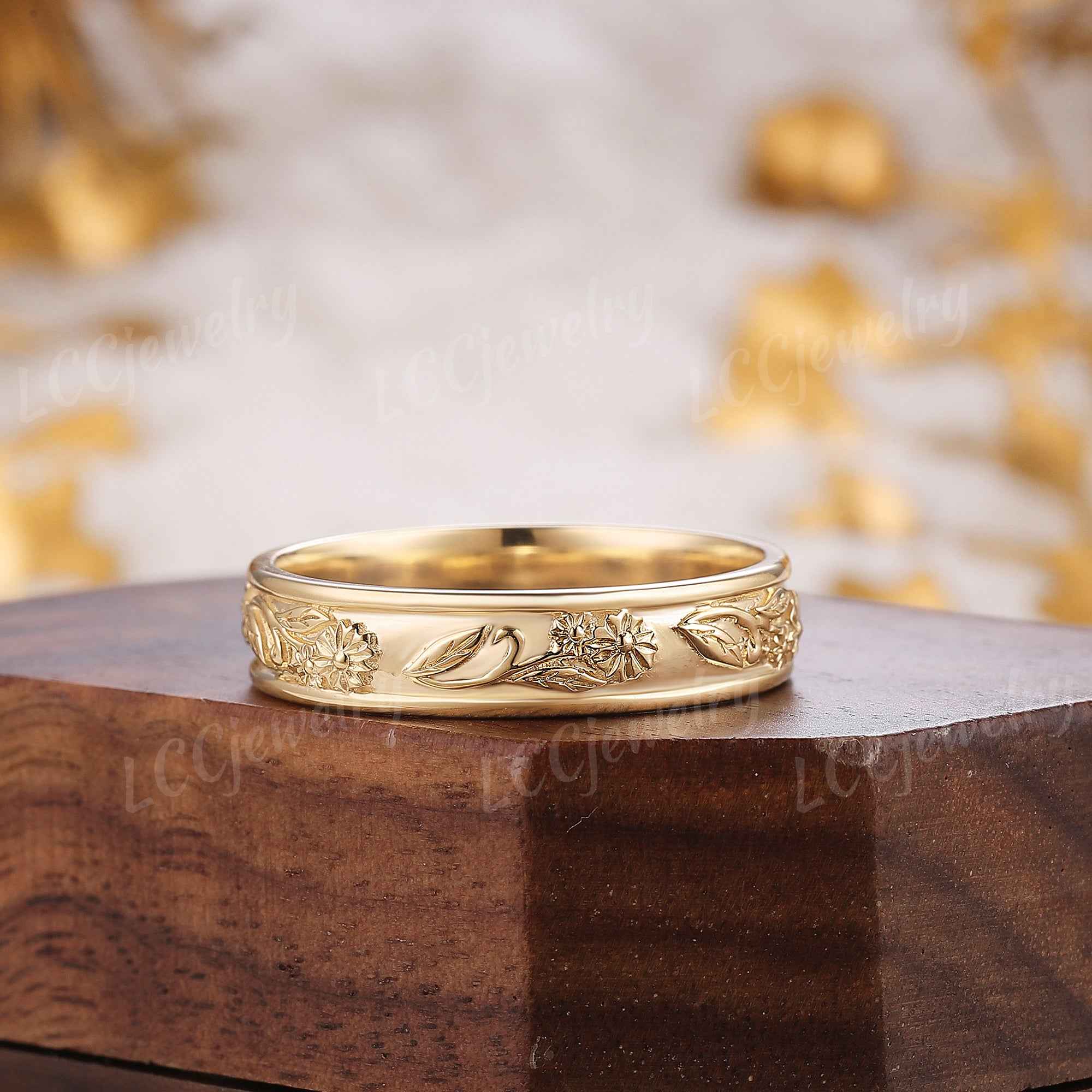 Floral Inspired | Daisy Design Wedding Band April Birth Flower