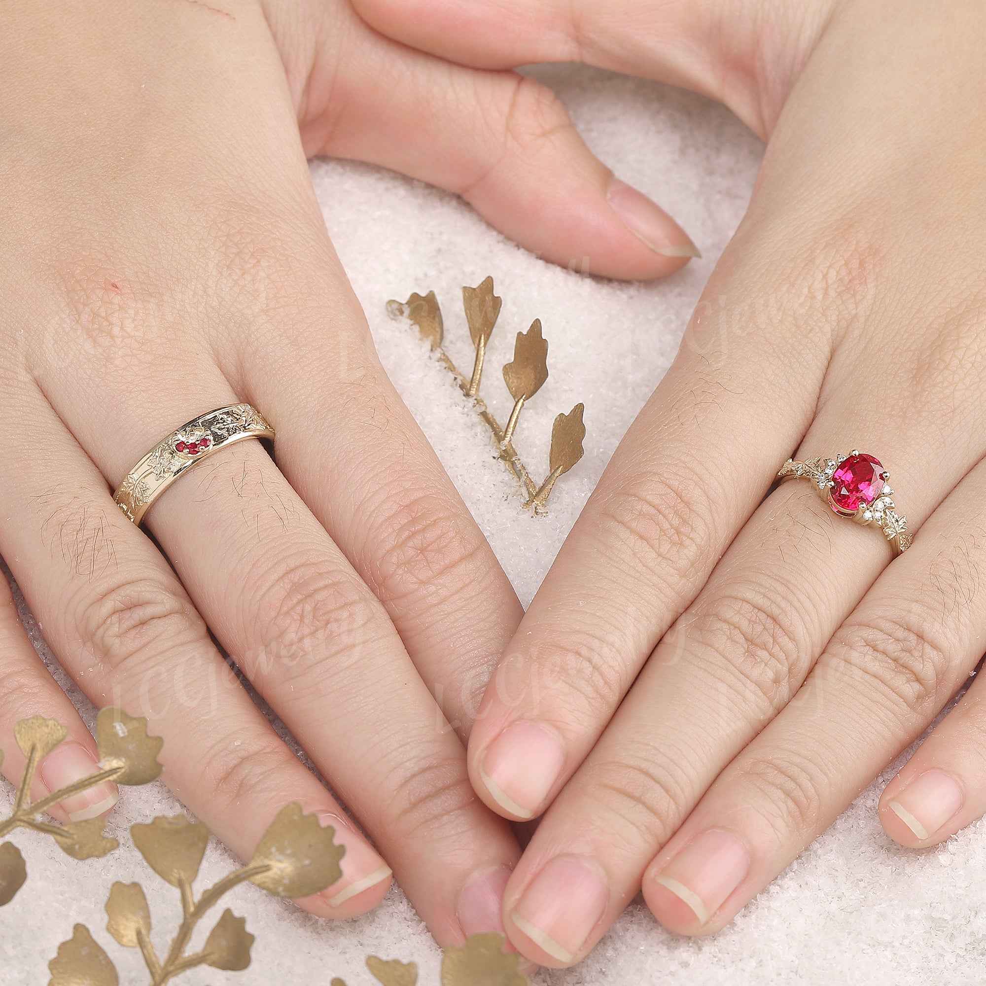 Leaf Inspired|  Ruby Moon & Maple Leaf Couple Ring Set 2pcs