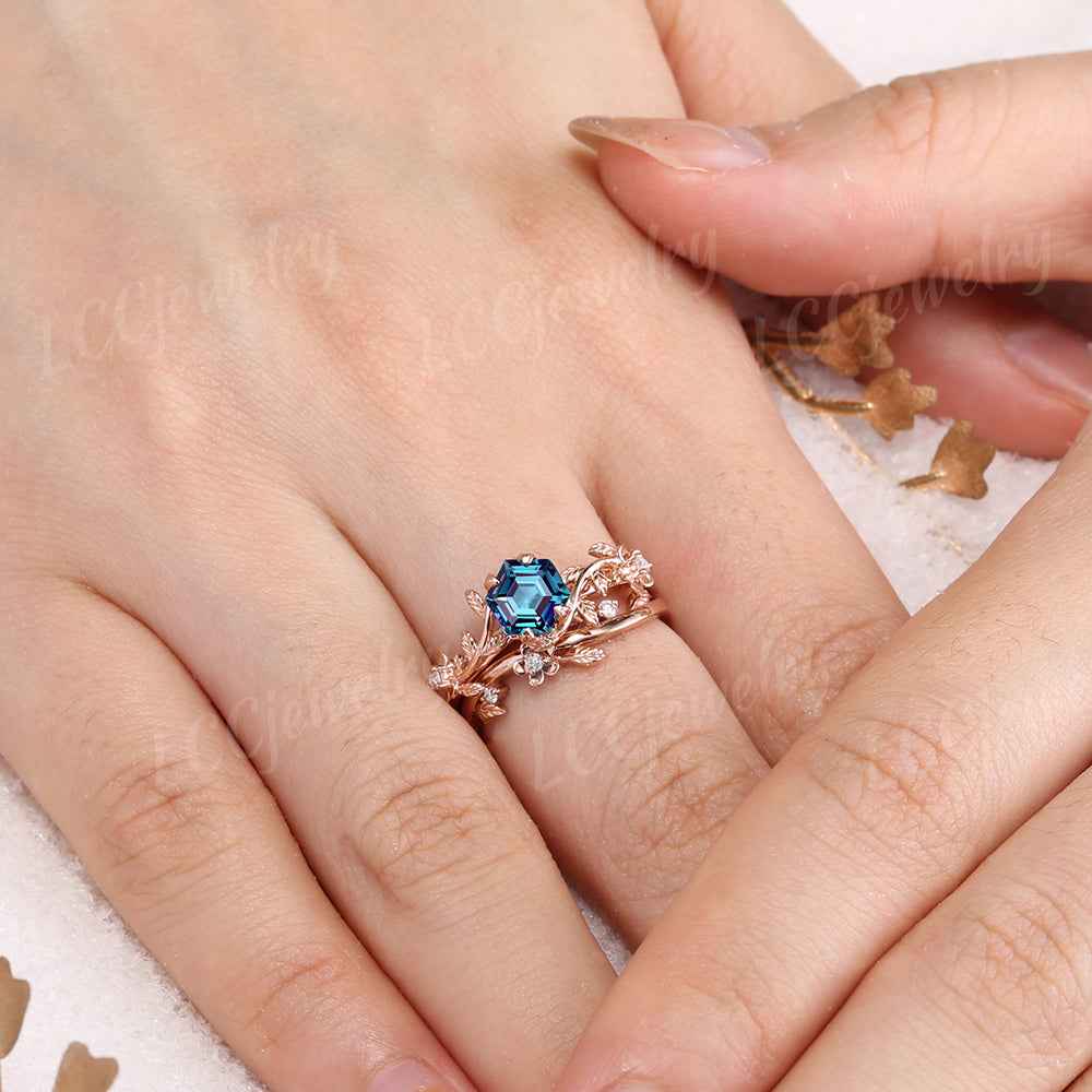 LCCjewelry | Nature Inspired Leaf Floral Alexandrite Wedding Ring Set