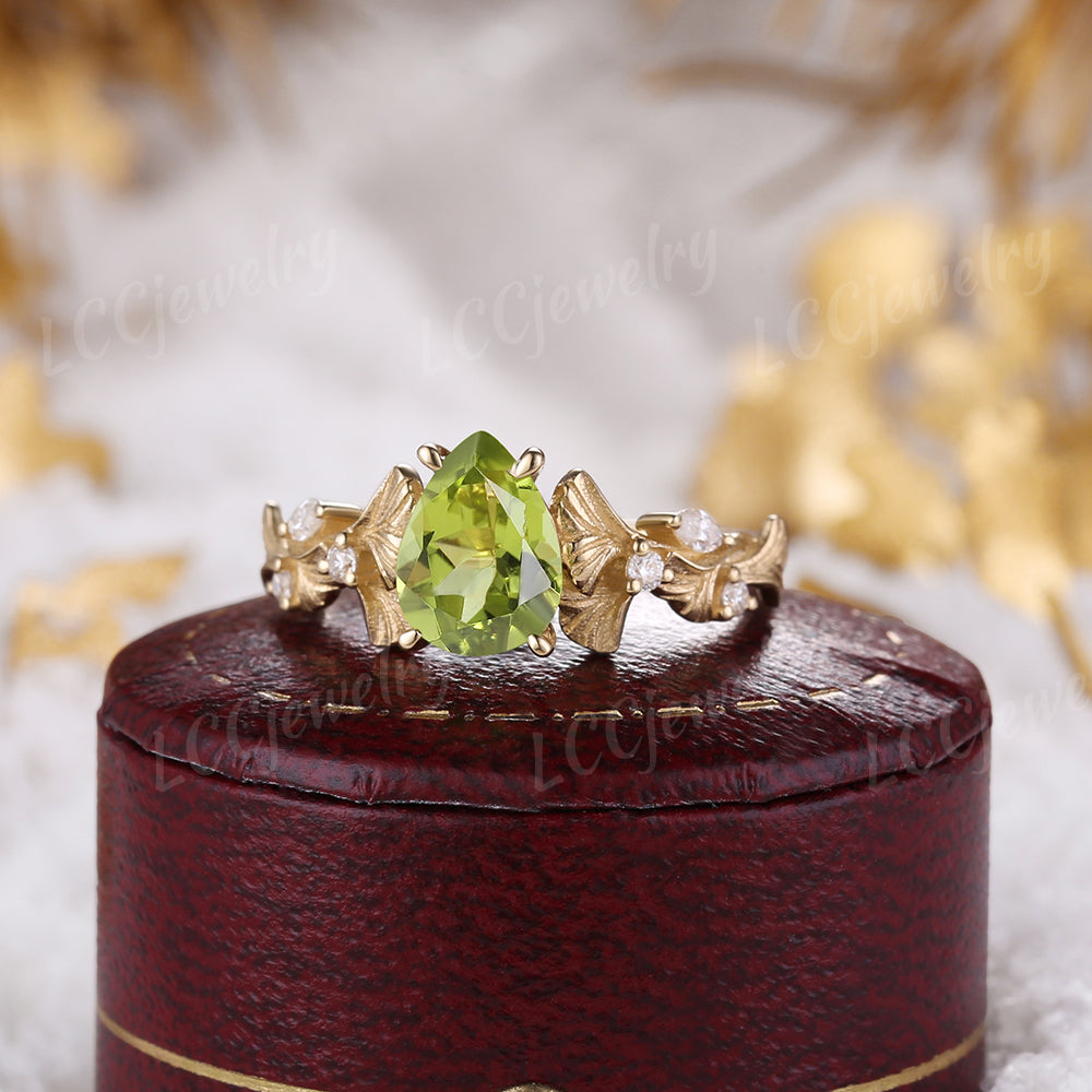 Leaf Inspired | Green Peridot Leaf Engagement Ring Vintage Ginkgo Leaf Wedding Ring