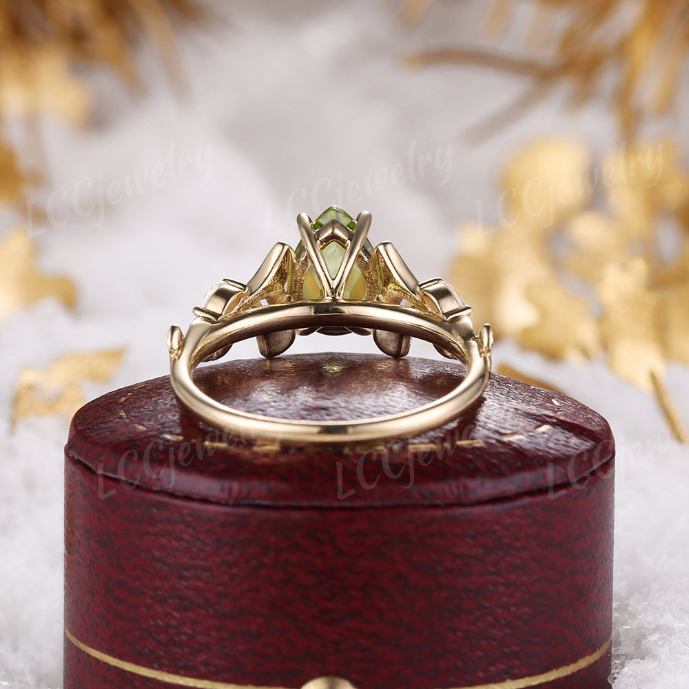 Leaf Inspired | Green Peridot Leaf Engagement Ring Vintage Ginkgo Leaf Wedding Ring
