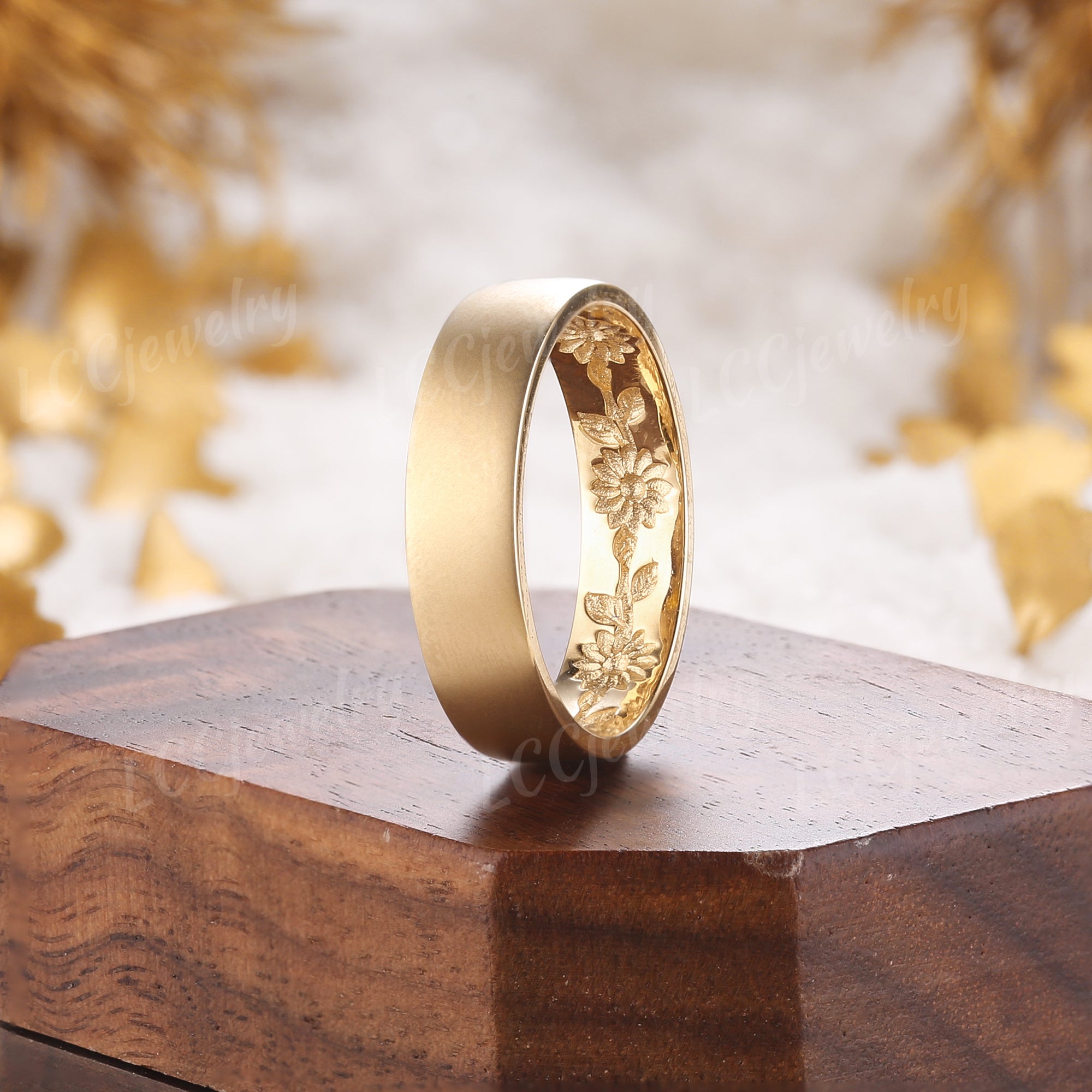 Flower Inspired Sunflower Inspired Design Mens Wedding Band Unique Y LCCjewelry