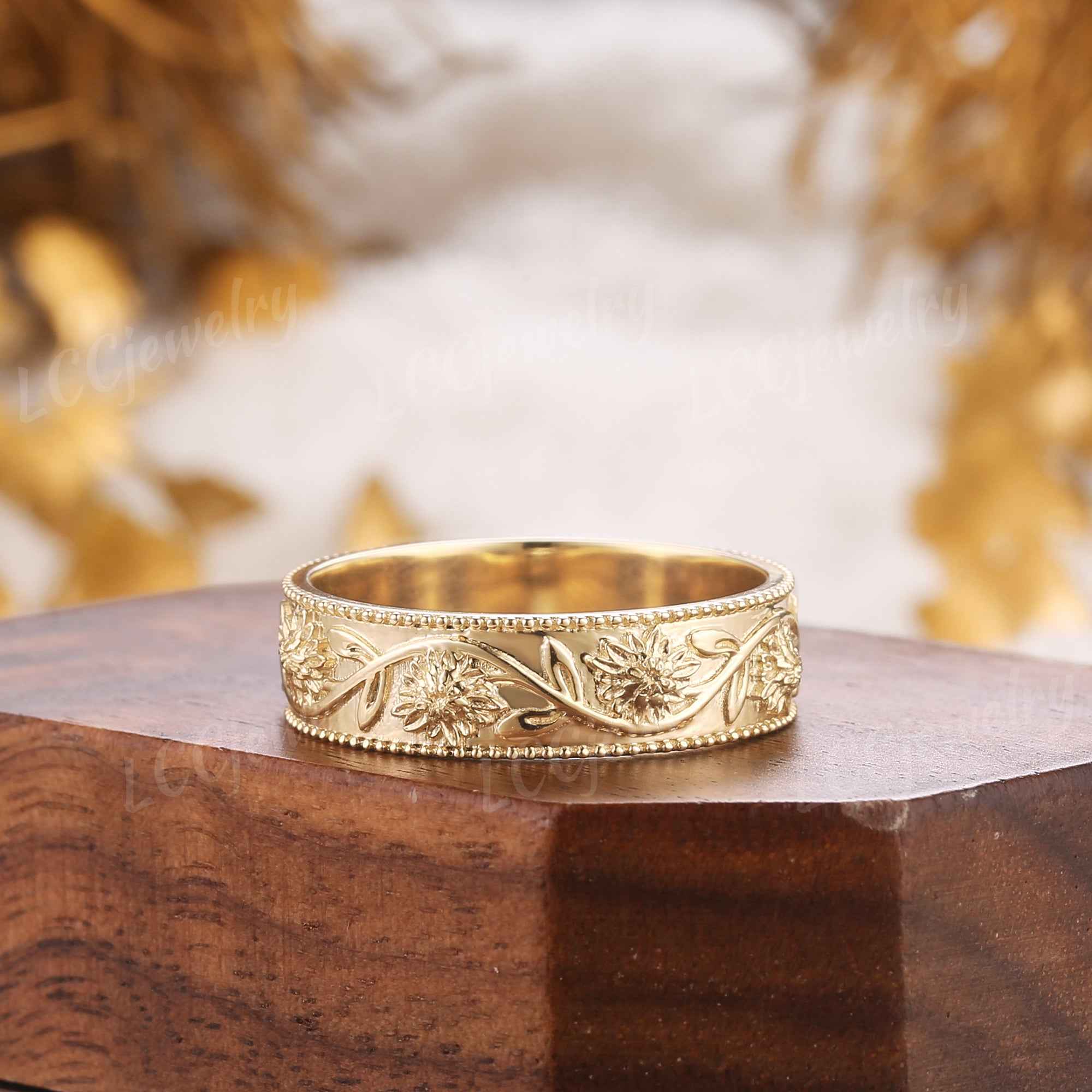 Floral Inspired | Chrysanthemum Design Wedding Band Milgrain Pave