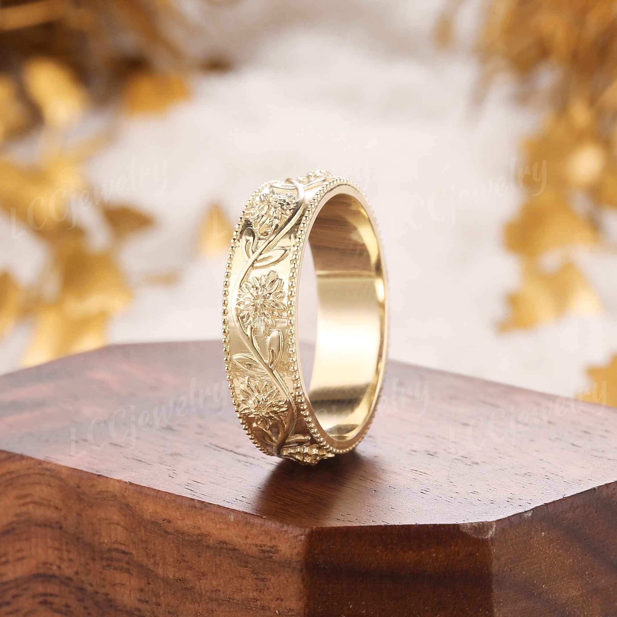 Floral Inspired | Chrysanthemum Design Wedding Band Milgrain Pave