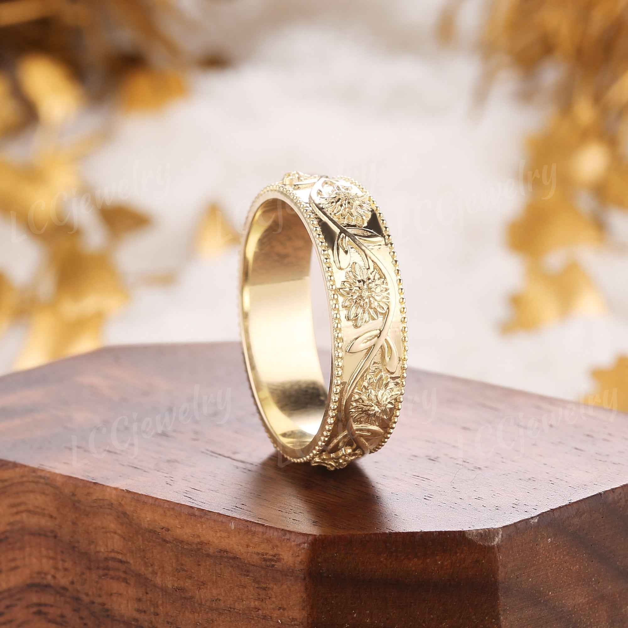 Floral Inspired | Chrysanthemum Design Wedding Band Milgrain Pave