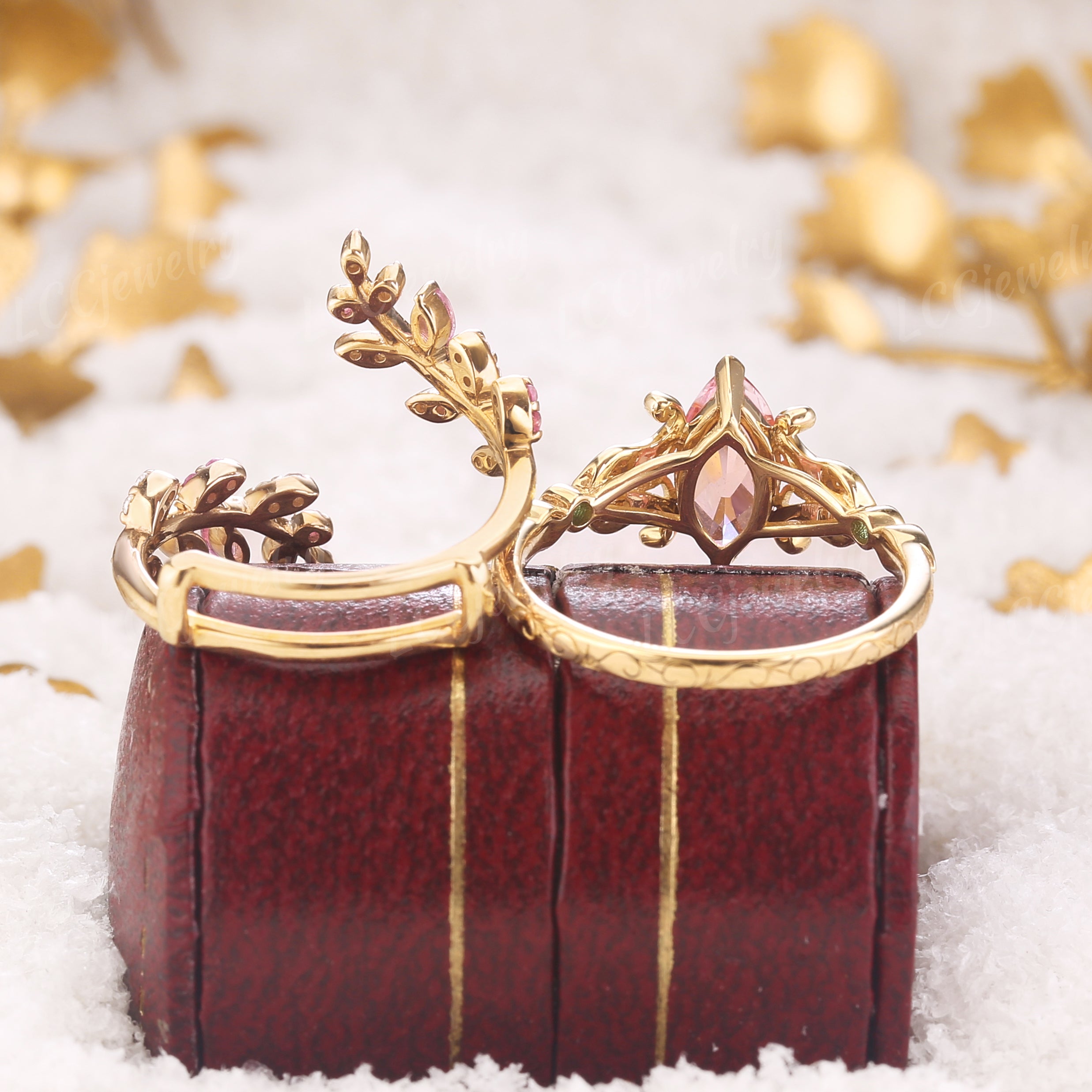 Floral Inspired | Papalacha Sapphire Iris Design Engagement Ring Set - LCCjewelry