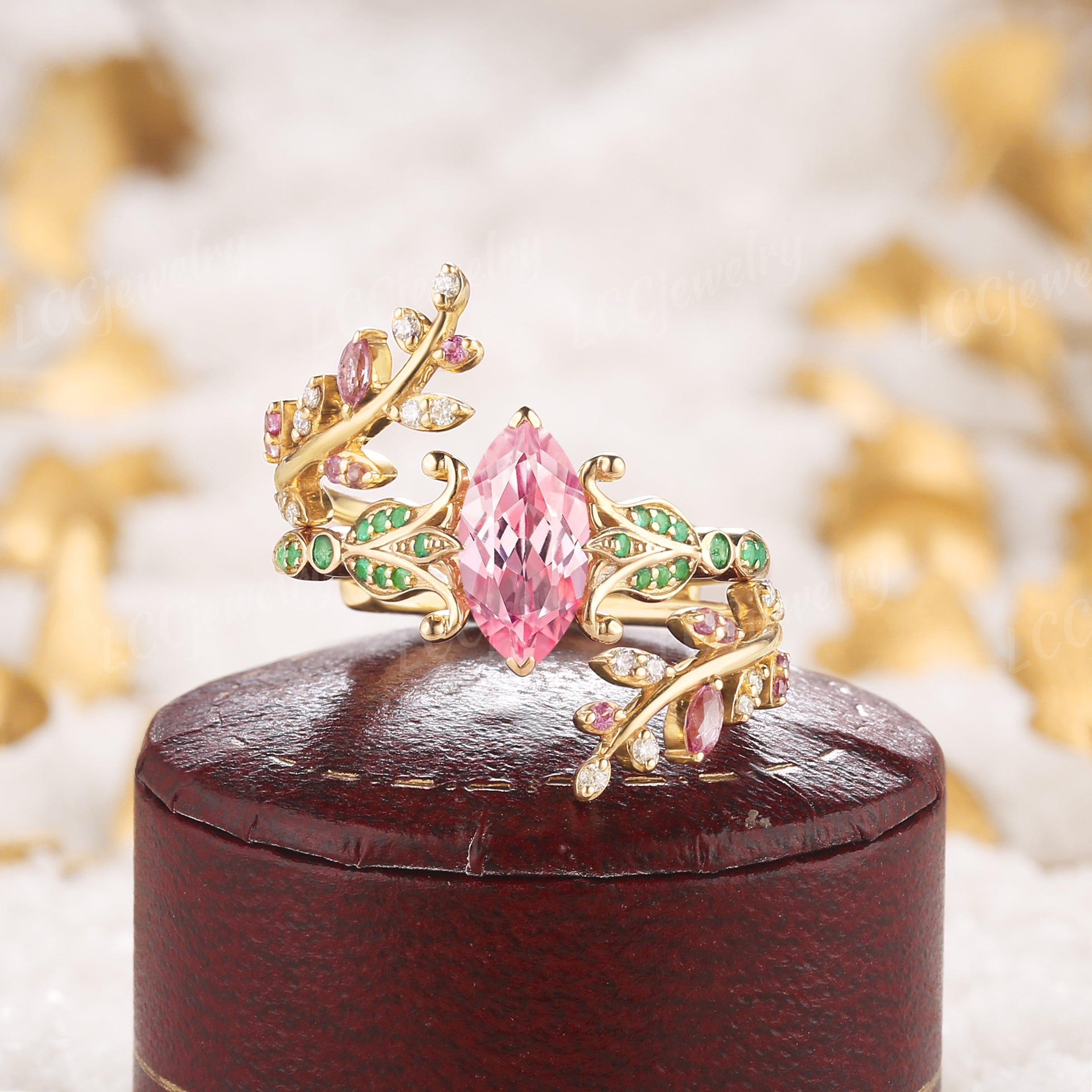 Floral Inspired | Papalacha Sapphire Iris Design Engagement Ring Set - LCCjewelry