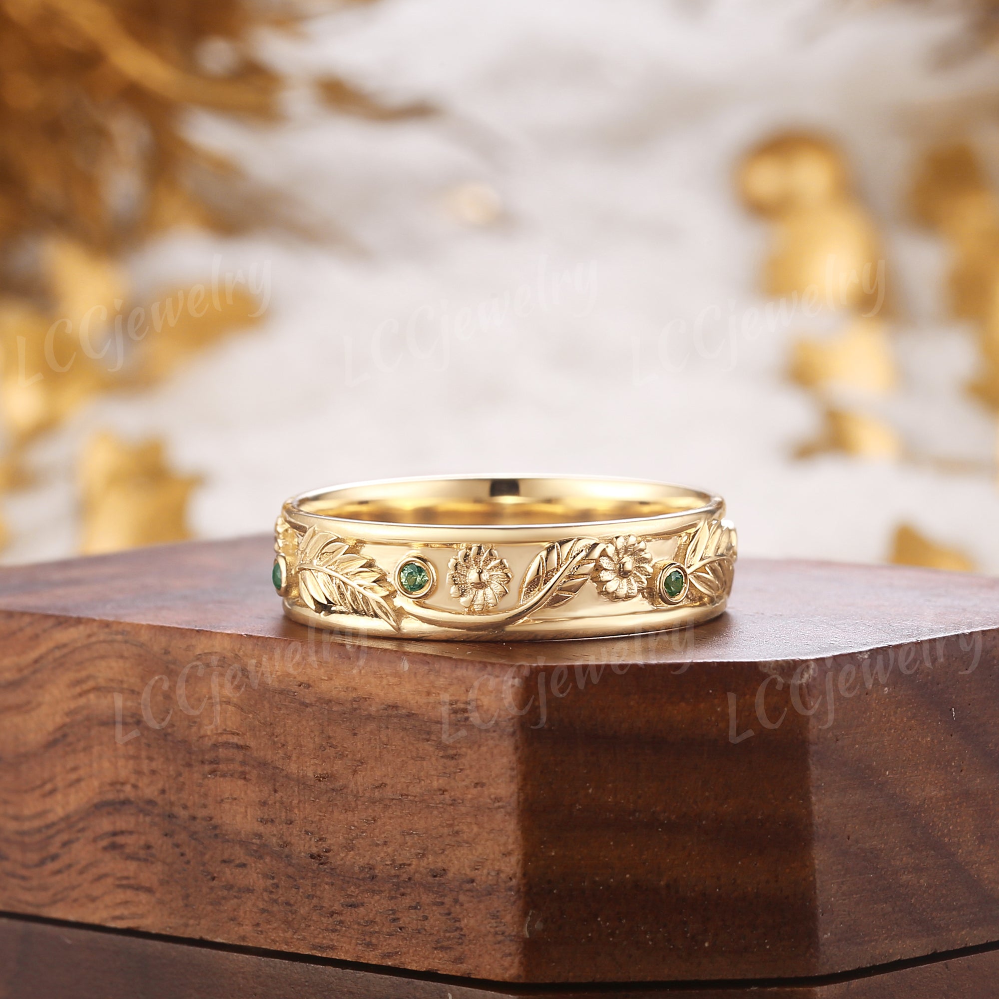 Flower Inspired | Nature Inspired Daisy Design Wedding Band Yellow Gold April Birth Flower Ring - LCCjewelry