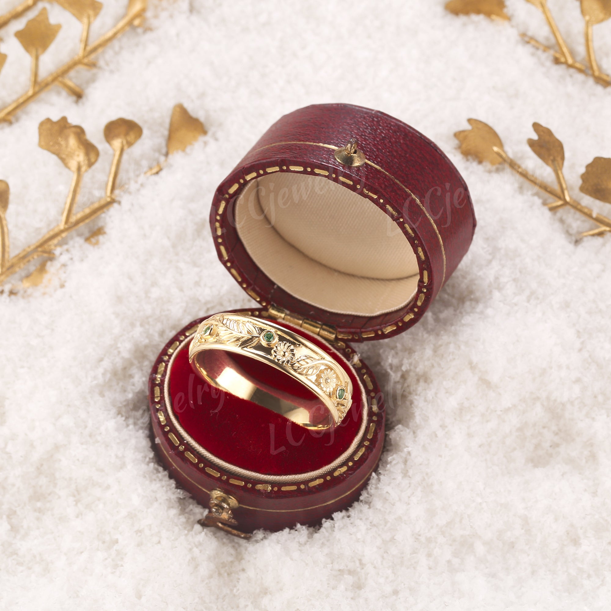 Flower Inspired | Nature Inspired Daisy Design Wedding Band Yellow Gold April Birth Flower Ring - LCCjewelry