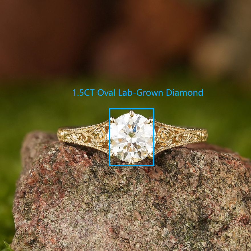 Custom Rose Design Oval Lab-Grown Diamond Filigree Milgrain Engagement Ring