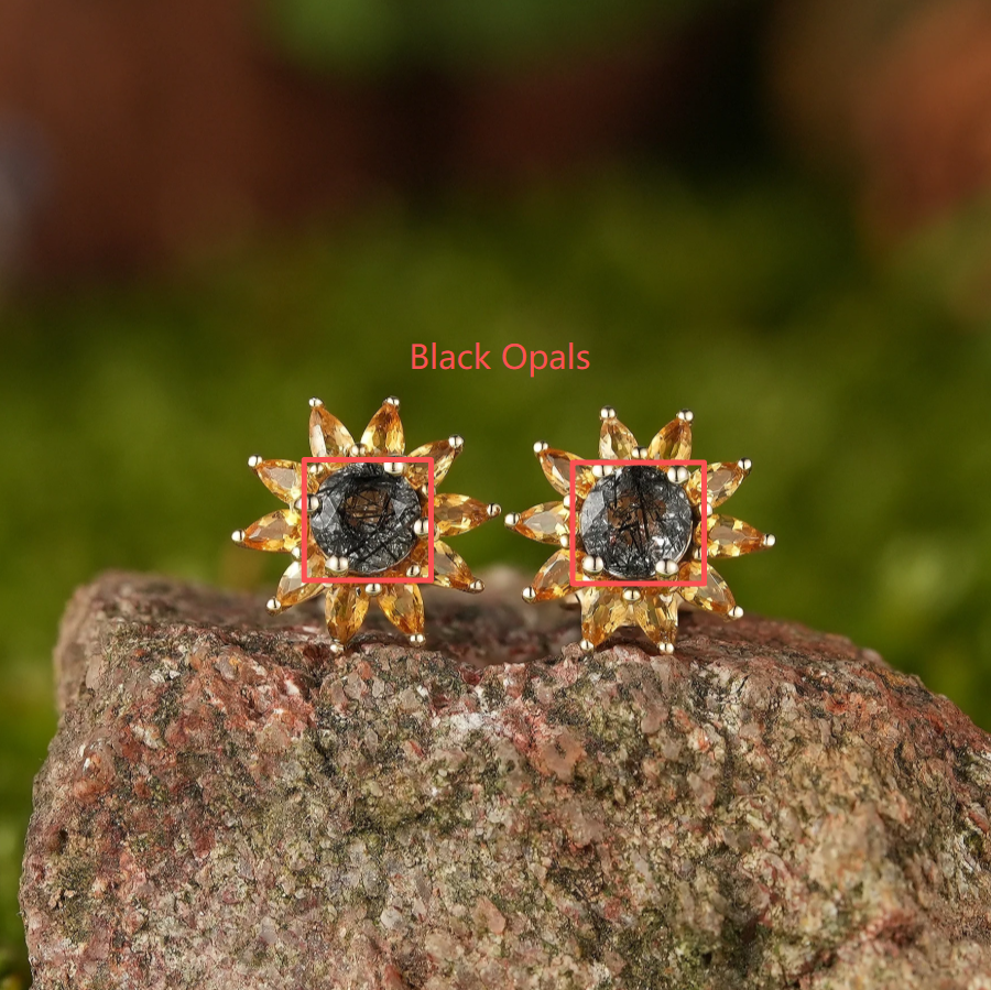 Custom Sunflower Black Opal Earrings For Dean